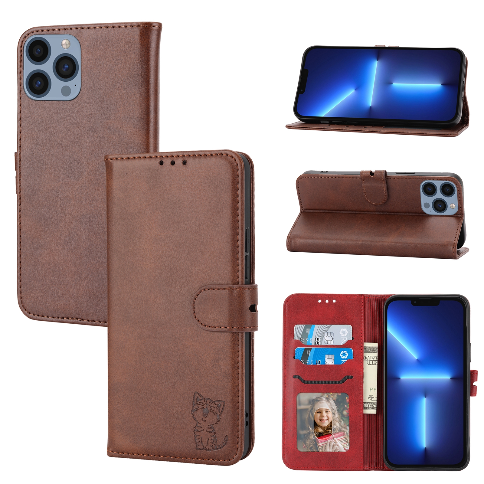 For iPhone 15 Pro Embossed Happy Cat Pattern Flip Leather Phone Case(Brown) For iPhone 15 Pro Embossed Happy Cat Pattern Flip Leather Phone Case(Brown)