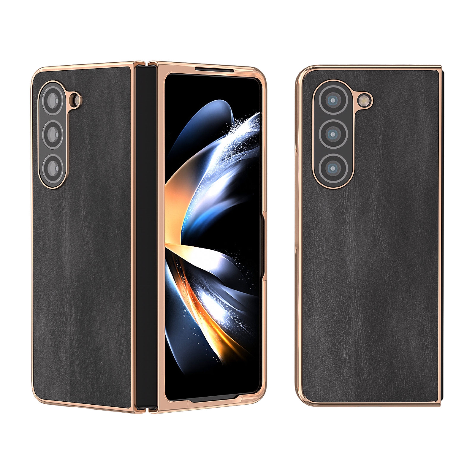For Samsung Galaxy Z Fold5 Nano Plating Cowhide Texture PU Phone Case(Black) For Samsung Galaxy Z Fold5 Nano Plating Cowhide Texture PU Phone Case(Black)