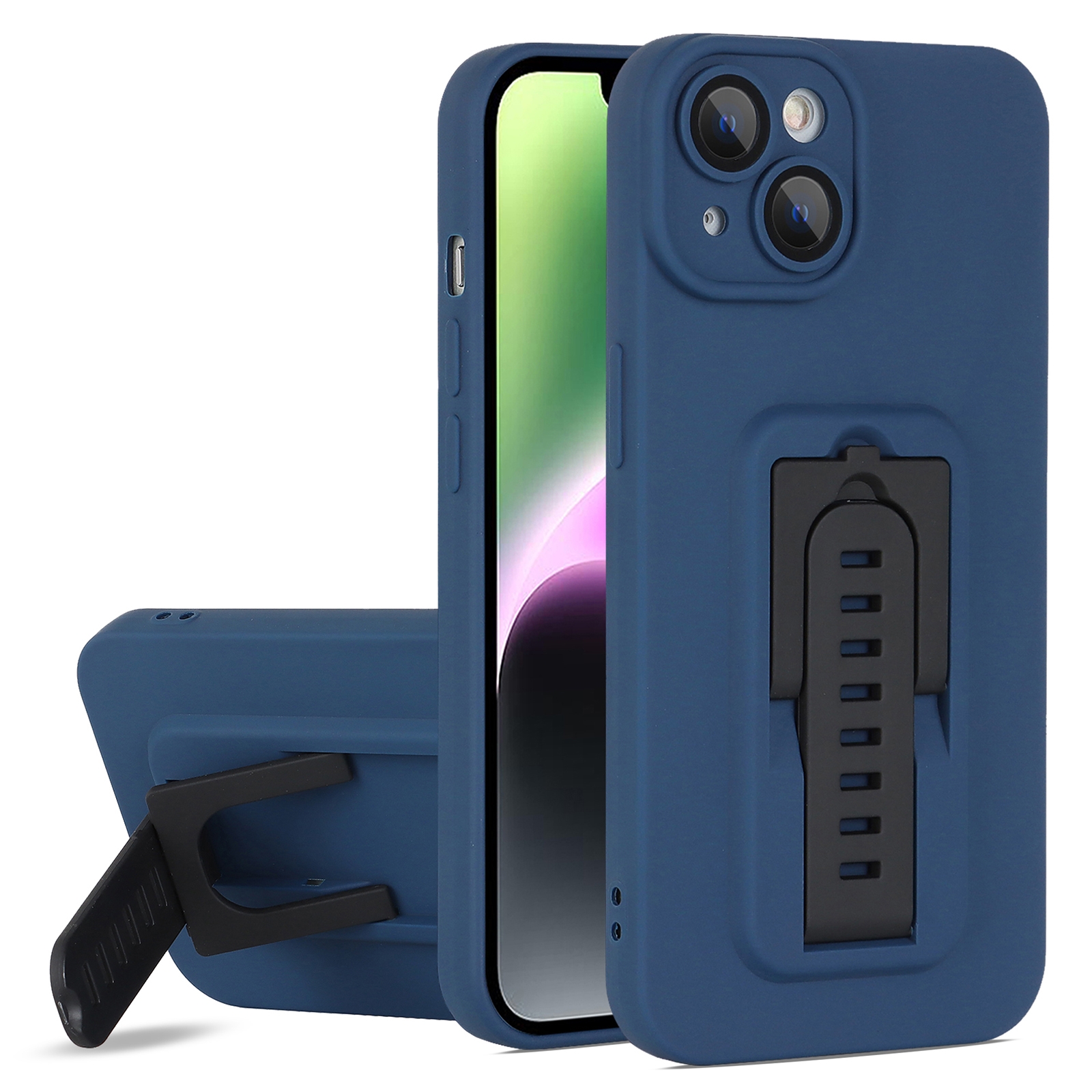 For iPhone 15 Strap Holder Shockproof Protective Phone Case with Lens Film(Blue + Black) For iPhone 15 Strap Holder Shockproof Protective Phone Case with Lens Film(Blue + Black)