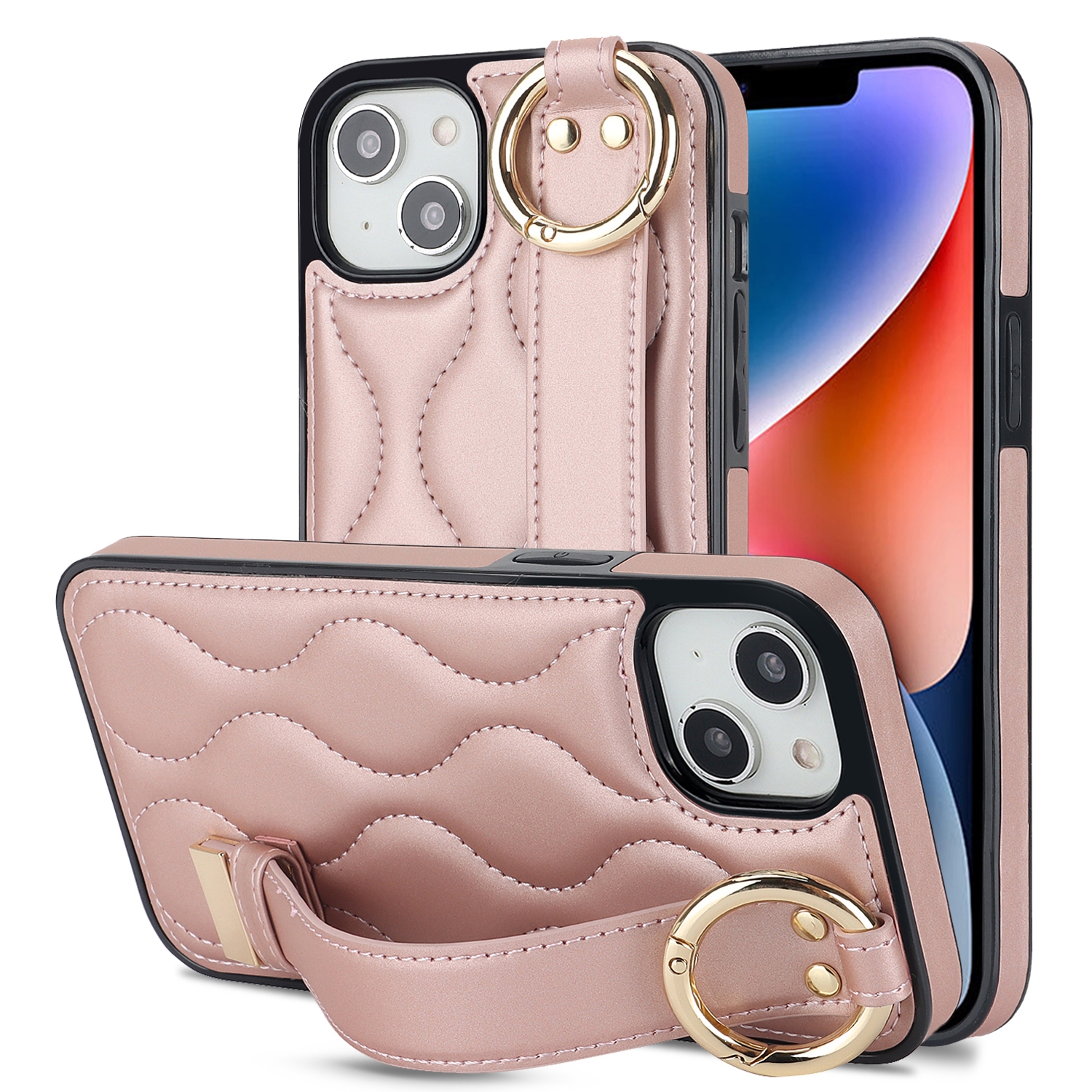 For iPhone 14 Plus Non-slip Full Coverage Ring PU Phone Case with Wristband(Rose Gold) For iPhone 14 Plus Non-slip Full Coverage Ring PU Phone Case with Wristband(Rose Gold)