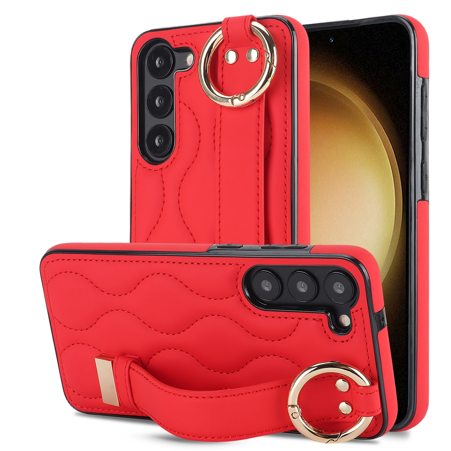 For Samsung Galaxy S23 Non-slip Full Coverage Ring PU Phone Case with Wristband(Red) For Samsung Galaxy S23 Non-slip Full Coverage Ring PU Phone Case with Wristband(Red)