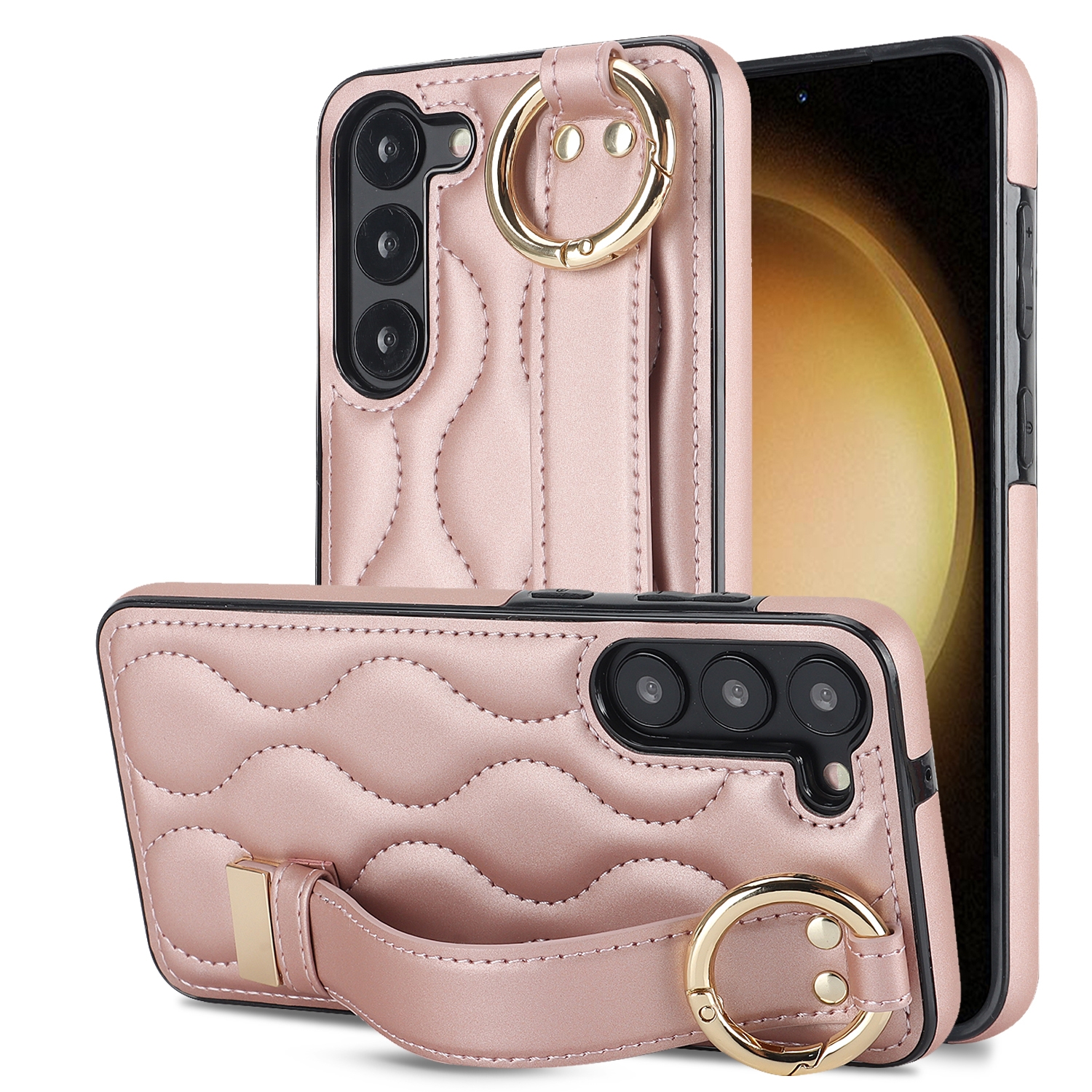 For Samsung Galaxy S23+ Non-slip Full Coverage Ring PU Phone Case with Wristband(Rose Gold) For Samsung Galaxy S23+ Non-slip Full Coverage Ring PU Phone Case with Wristband(Rose Gold)