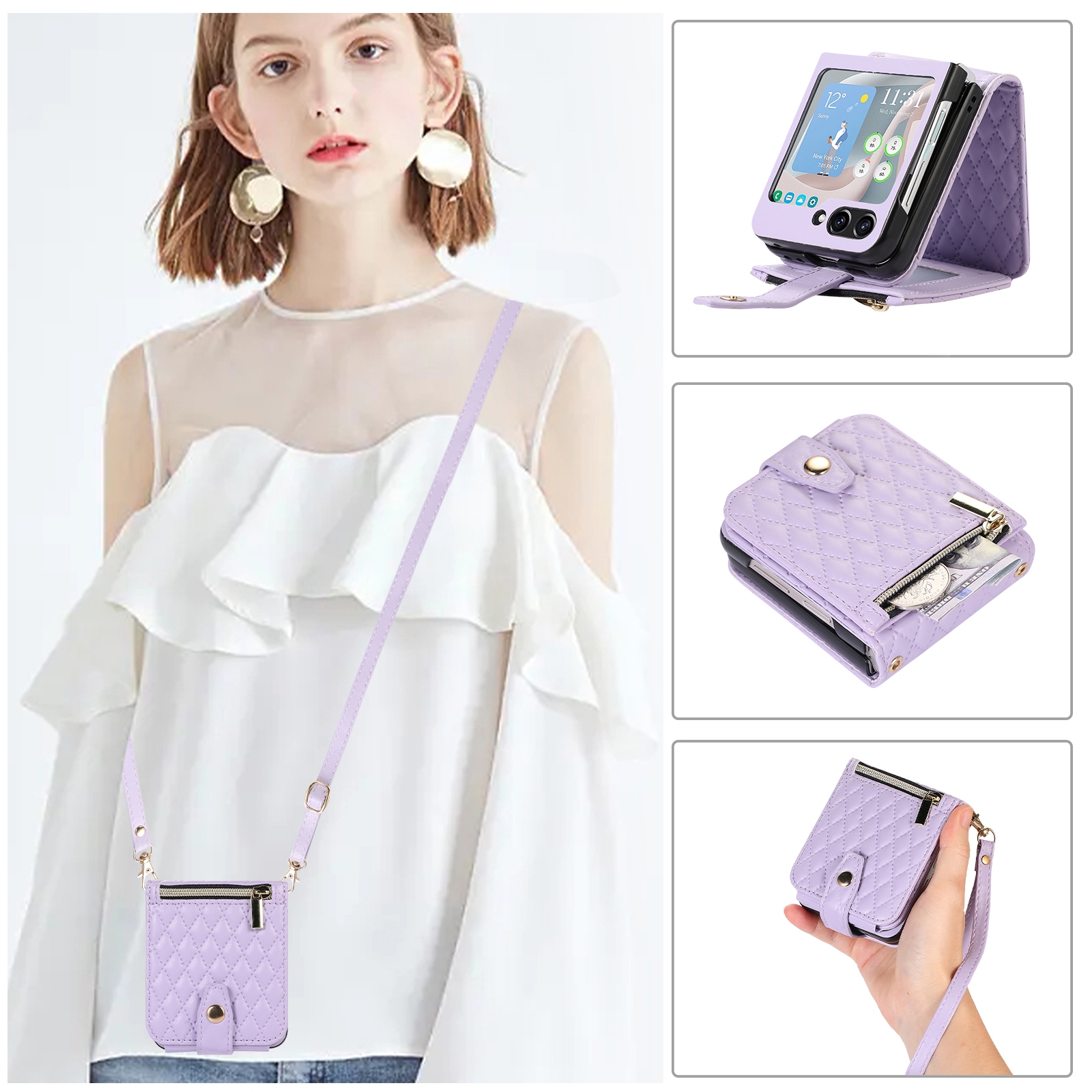 For Samsung Galaxy Z Flip5 Crossbody Diamond Lattice Folding Leather Phone Case(Purple) For Samsung Galaxy Z Flip5 Crossbody Diamond Lattice Folding Leather Phone Case(Purple)