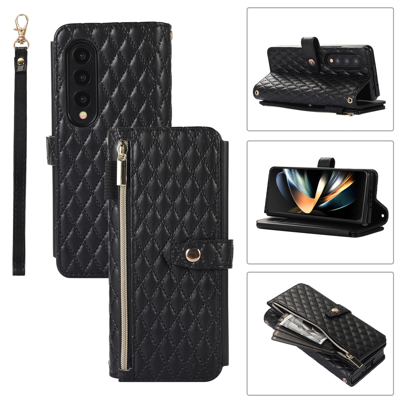 For Samsung Galaxy Z Fold4 Crossbody Diamond Lattice Folding Leather Phone Case(Black) For Samsung Galaxy Z Fold4 Crossbody Diamond Lattice Folding Leather Phone Case(Black)