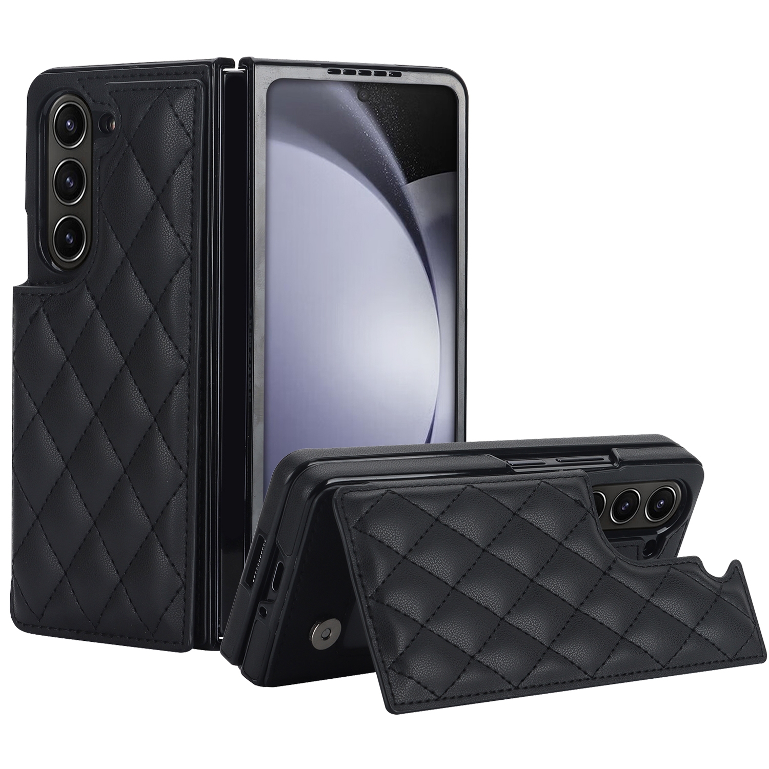 For Samsung Galaxy Z Fold5 Rhombic Texture Full Coverage Fold Double Buckle PU Phone Case(Black) For Samsung Galaxy Z Fold5 Rhombic Texture Full Coverage Fold Double Buckle PU Phone Case(Black)