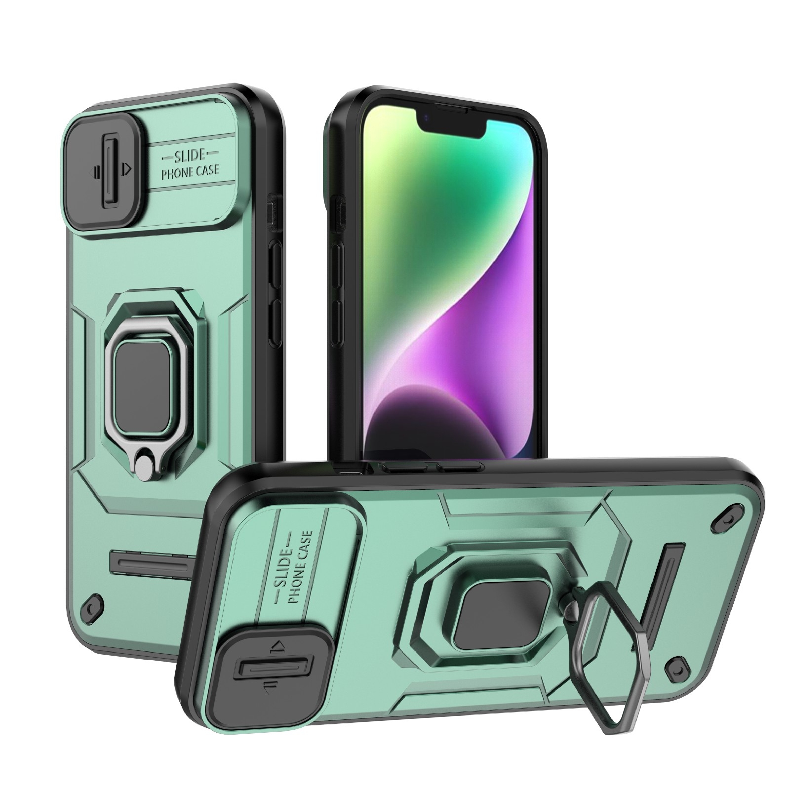 For iPhone 14 Sliding Camshield TPU + PC Shockproof Phone Case with Holder(Green) For iPhone 14 Sliding Camshield TPU + PC Shockproof Phone Case with Holder(Green)