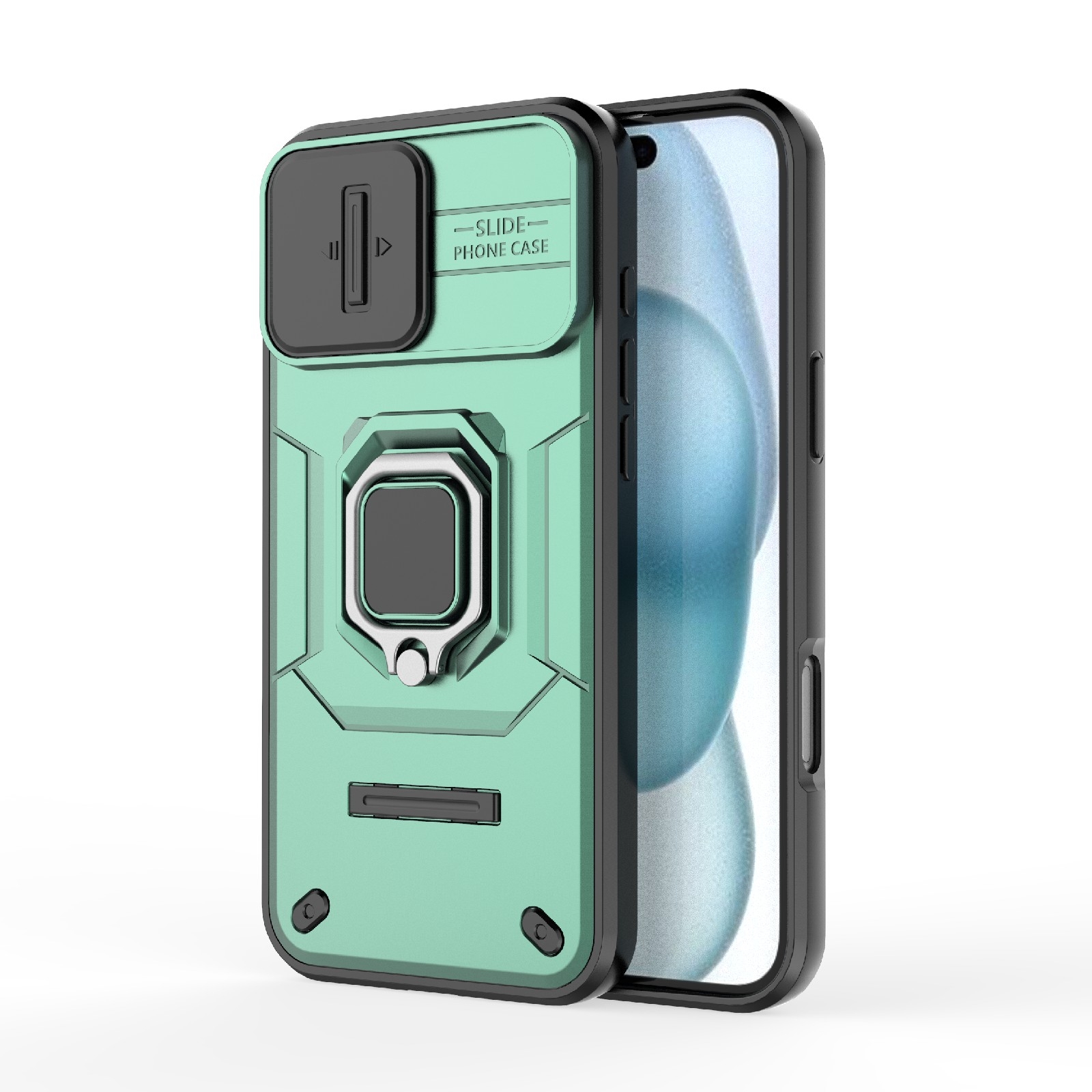 For iPhone 16 Plus Sliding Camshield TPU + PC Shockproof Phone Case with Holder(Green) For iPhone 16 Plus Sliding Camshield TPU + PC Shockproof Phone Case with Holder(Green)