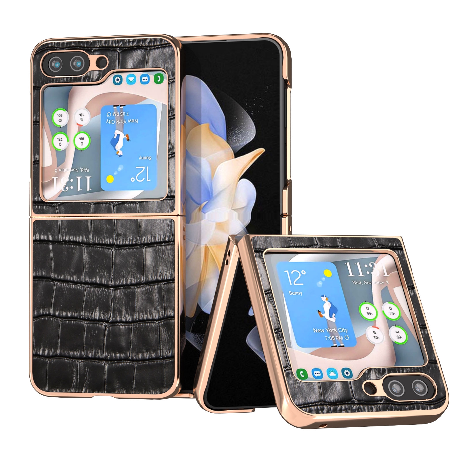 For Samsung Galaxy Z Flip5 Crocodile Texture Genuine Leather Electroplating Phone Case(Black) For Samsung Galaxy Z Flip5 Crocodile Texture Genuine Leather Electroplating Phone Case(Black)