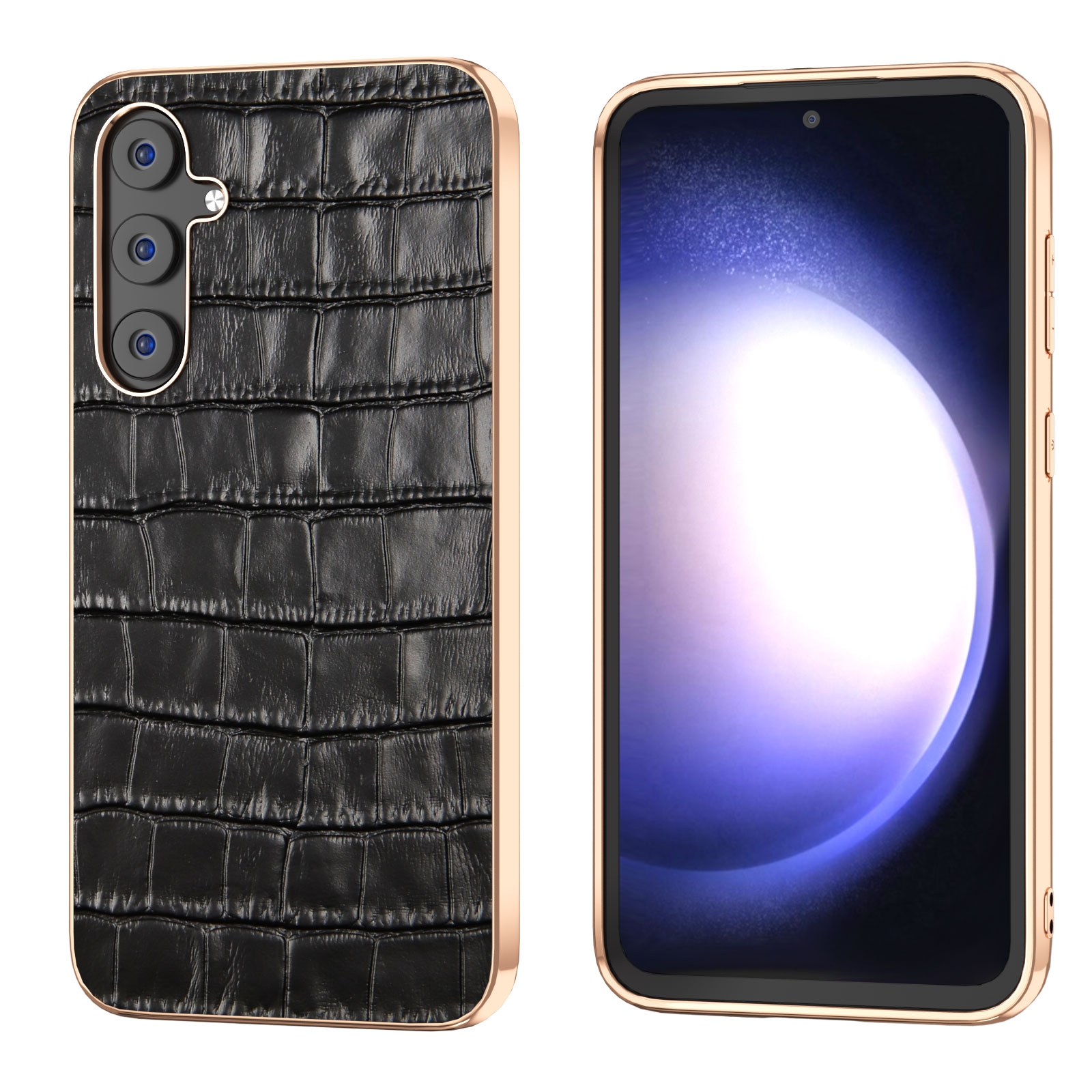 For Samsung Galaxy S23 FE 5G Crocodile Texture Genuine Leather Electroplating Phone Case(Black) For Samsung Galaxy S23 FE 5G Crocodile Texture Genuine Leather Electroplating Phone Case(Black)