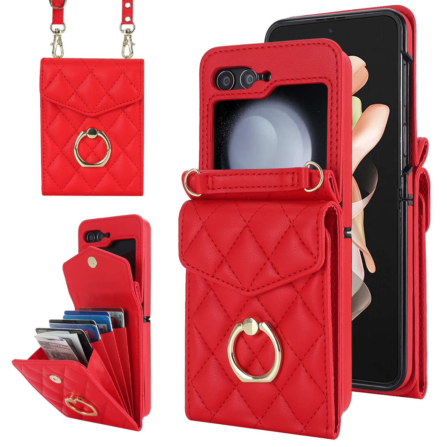 For Samsung Galaxy Z Flip5 Diamond Lattice RFID Card Slot Phone Case with Ring Holder(Red) For Samsung Galaxy Z Flip5 Diamond Lattice RFID Card Slot Phone Case with Ring Holder(Red)