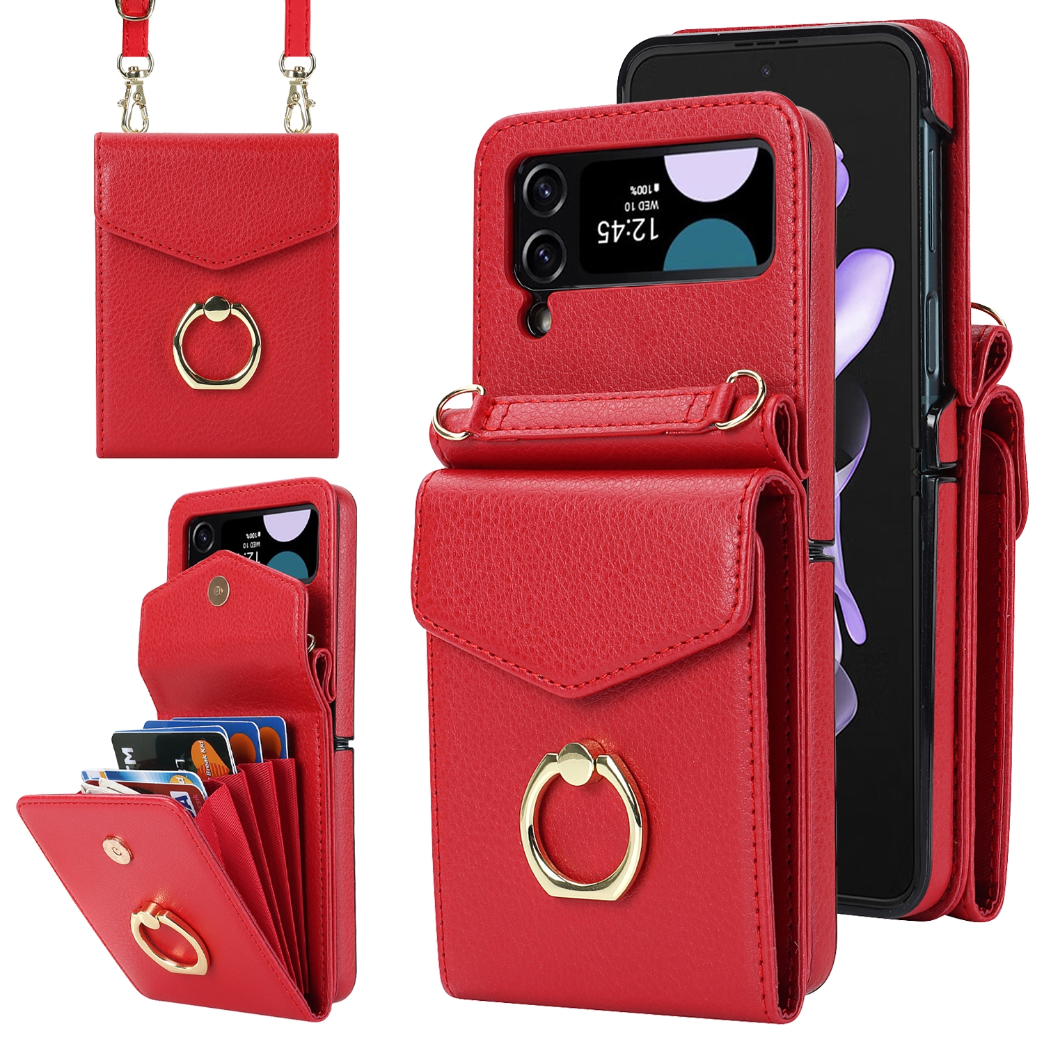 For Samsung Galaxy Z Flip4 Litchi Texture RFID Card Slot Phone Case with Ring Holder(Red) For Samsung Galaxy Z Flip4 Litchi Texture RFID Card Slot Phone Case with Ring Holder(Red)
