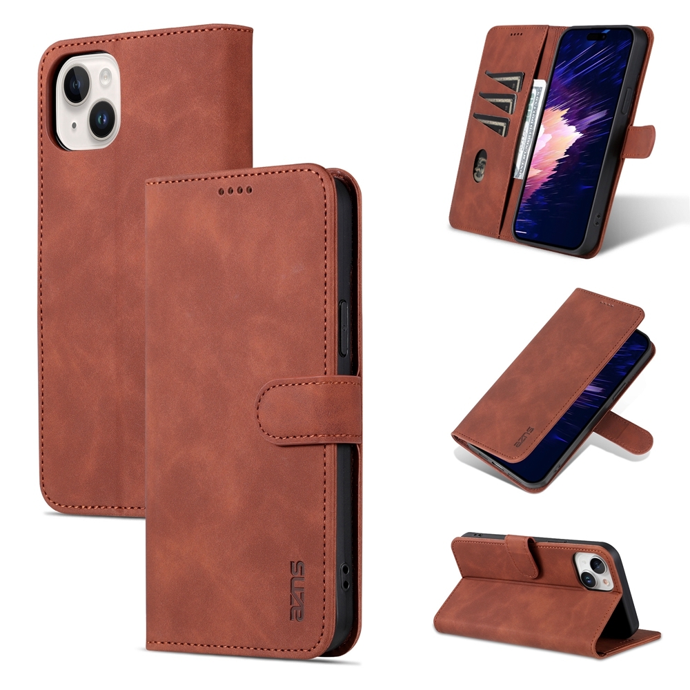 For iPhone 15 Plus AZNS Skin Feel Calf Texture Flip Leather Phone Case(Brown)