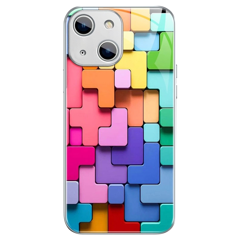 For iPhone 13 mini Colorful Toy Bricks Pattern Shockproof Glass Phone Case(Silver) For iPhone 13 mini Colorful Toy Bricks Pattern Shockproof Glass Phone Case(Silver)