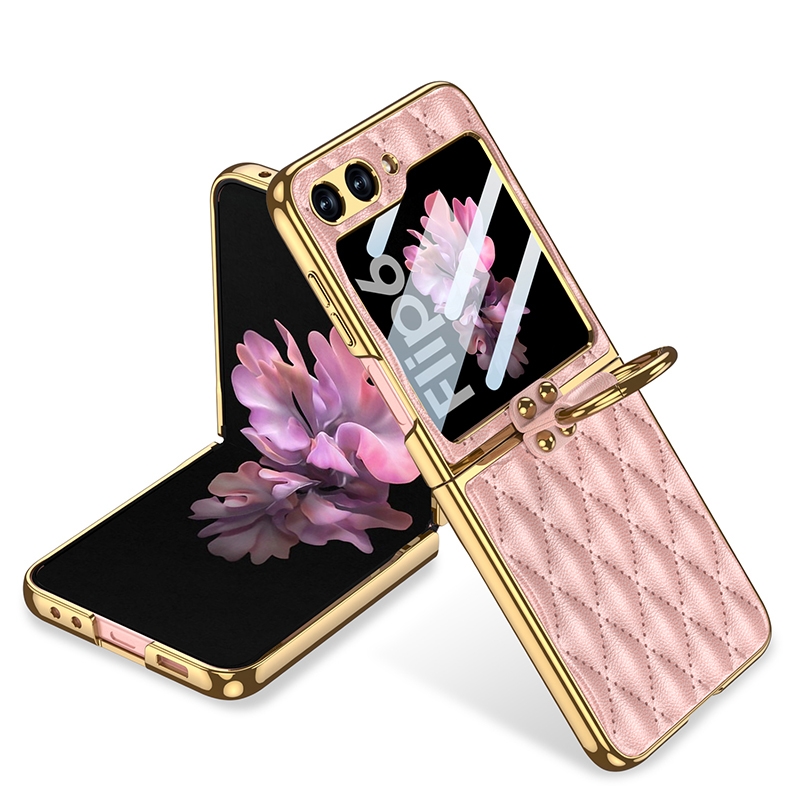For Samsung Galaxy Z Flip6 GKK Integrated Plating Diamond Texture PU Phone Case with Ring(Pink)