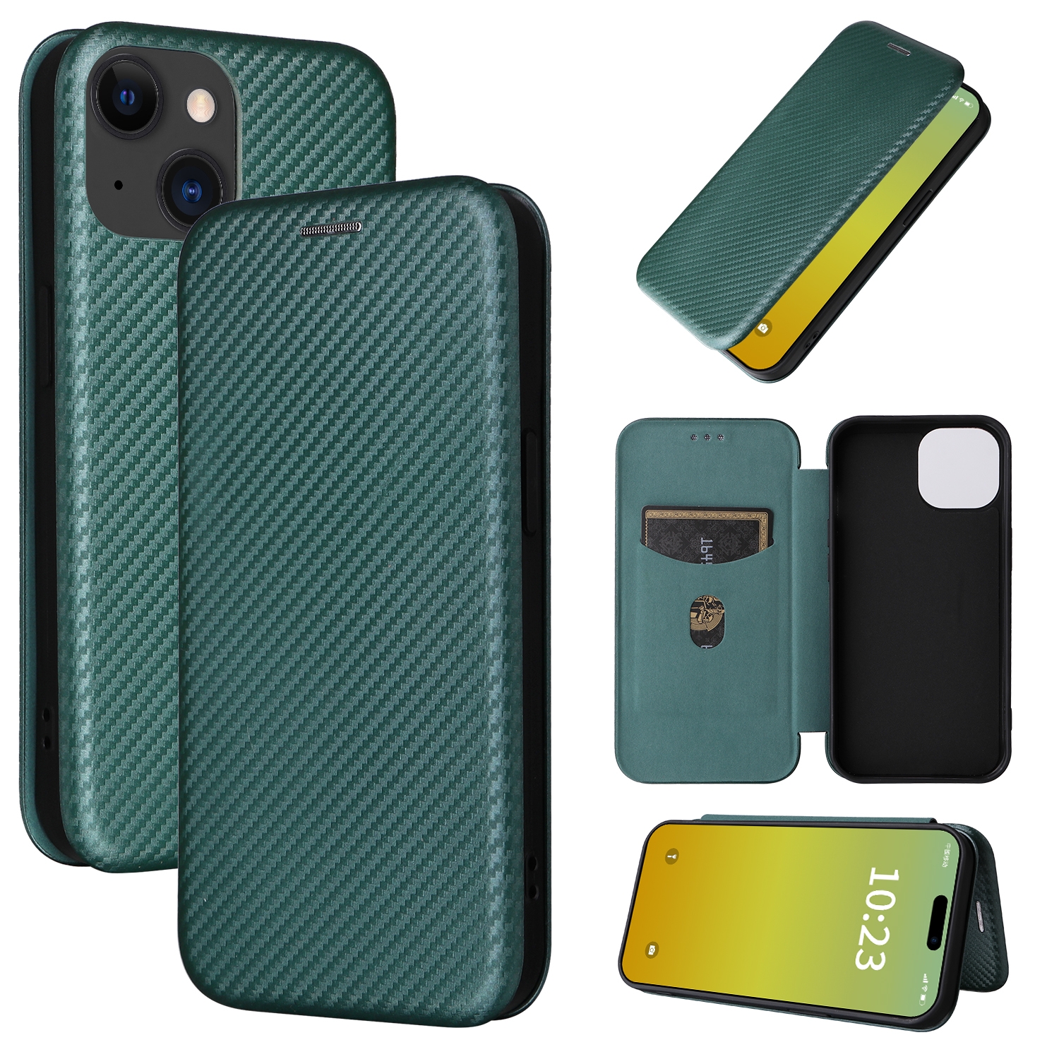 For iPhone 15 Carbon Fiber Texture Flip Leather Phone Case(Green) For iPhone 15 Carbon Fiber Texture Flip Leather Phone Case(Green)