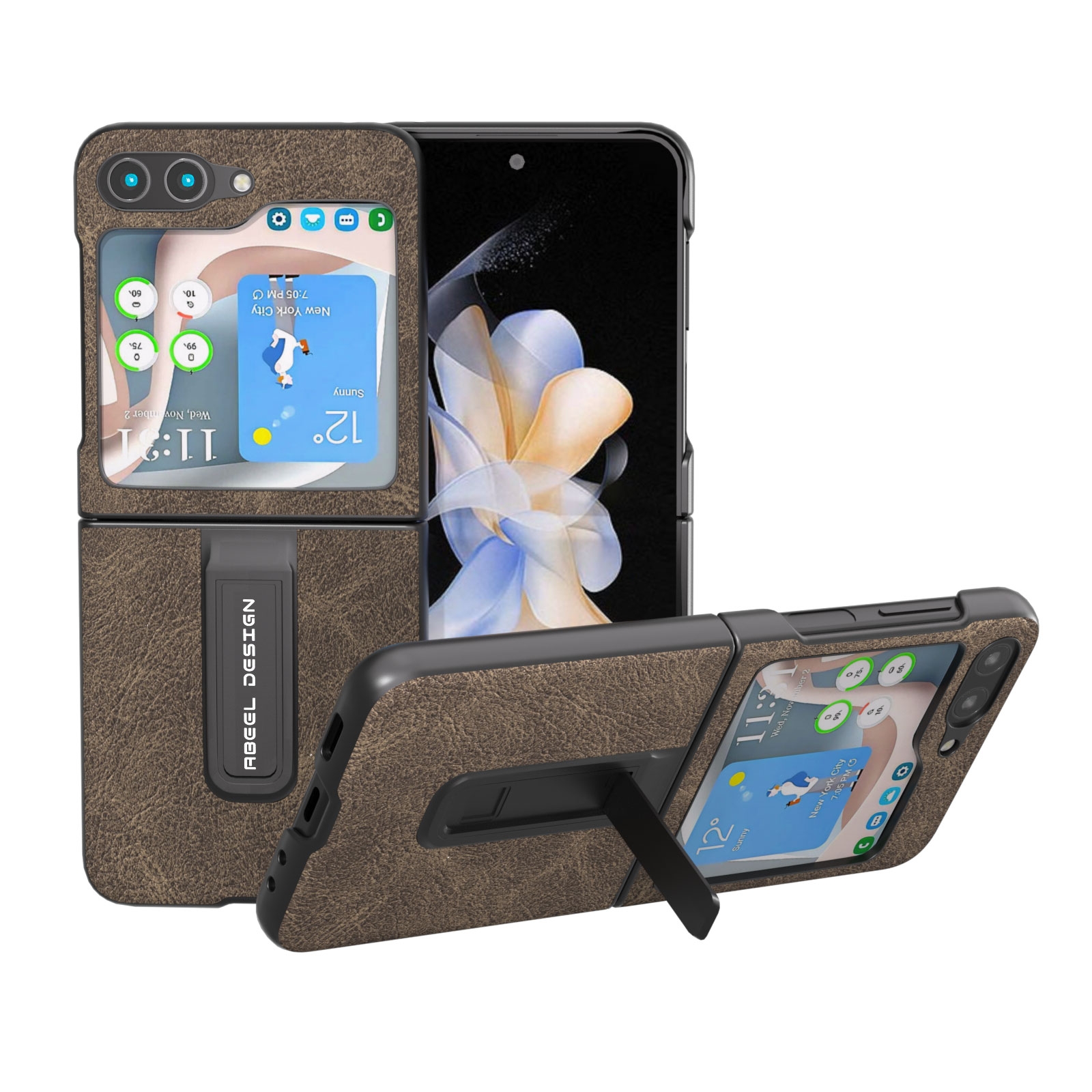 For Samsung Galaxy Z Flip5 ABEEL Dream Litchi Texture PU Phone Case with Holder(Khaki) For Samsung Galaxy Z Flip5 ABEEL Dream Litchi Texture PU Phone Case with Holder(Khaki)