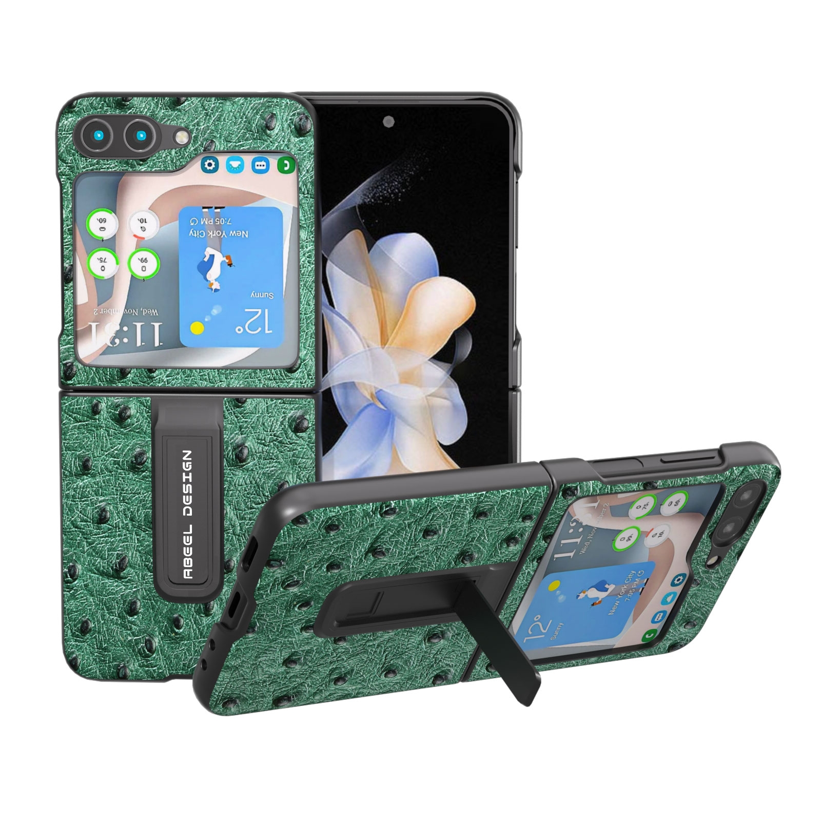 For Samsung Galaxy Z Flip5 ABEEL Genuine Leather Ostrich Texture Phone Case with Holder(Green) For Samsung Galaxy Z Flip5 ABEEL Genuine Leather Ostrich Texture Phone Case with Holder(Green)
