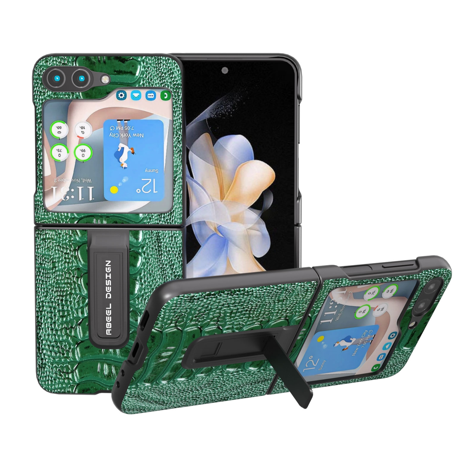 For Samsung Galaxy Z Flip5 ABEEL Genuine Leather Weilai Series Phone Case with Holder(Green)