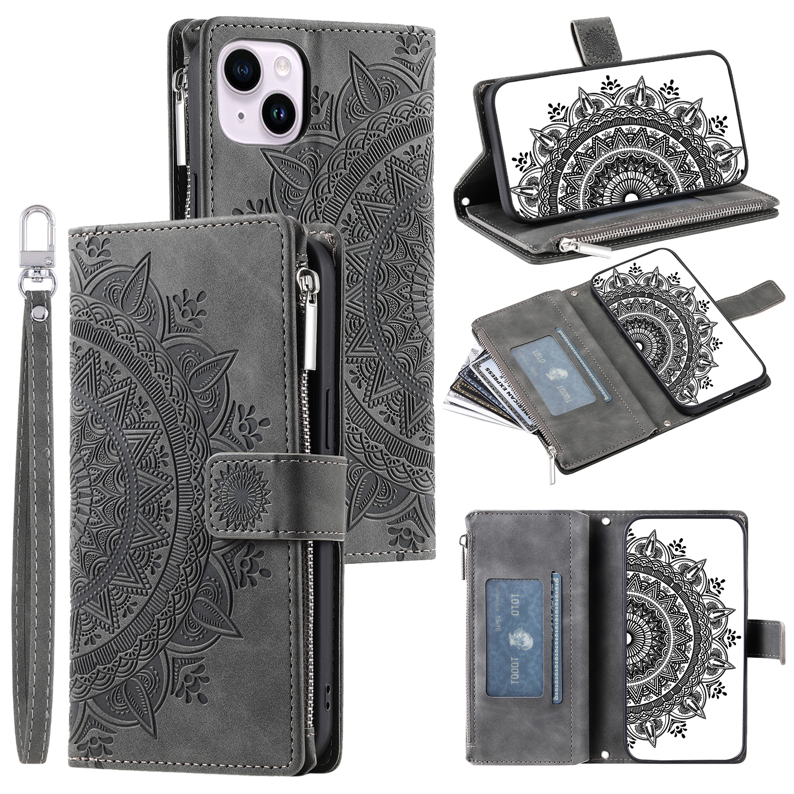 For iPhone 14 Multi-Card Totem Zipper Leather Phone Case(Grey) For iPhone 14 Multi-Card Totem Zipper Leather Phone Case(Grey)