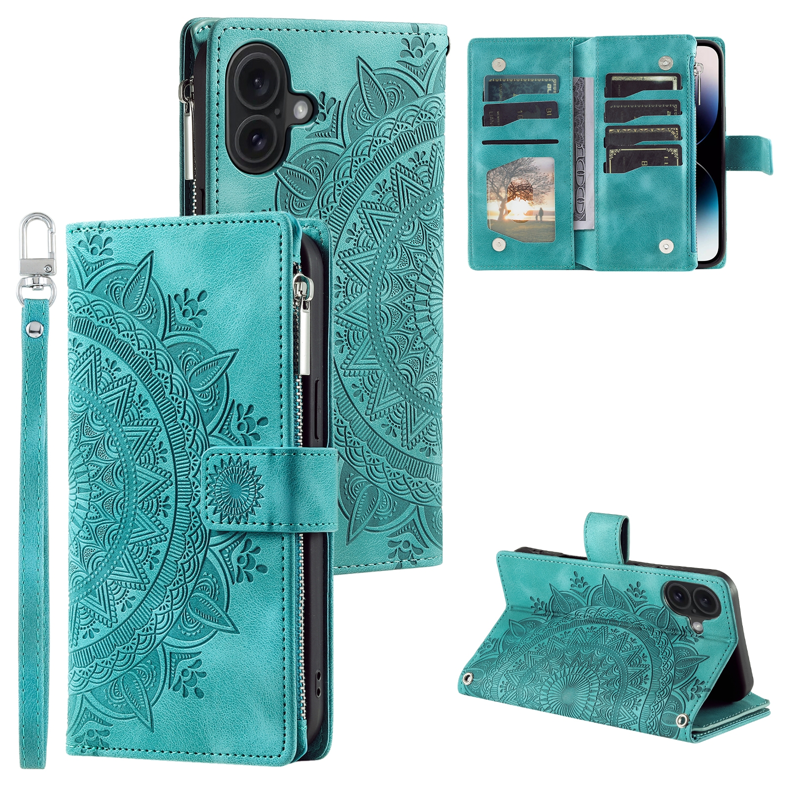 For iPhone 16 Multi-Card Totem Zipper Leather Phone Case(Green) For iPhone 16 Multi-Card Totem Zipper Leather Phone Case(Green)