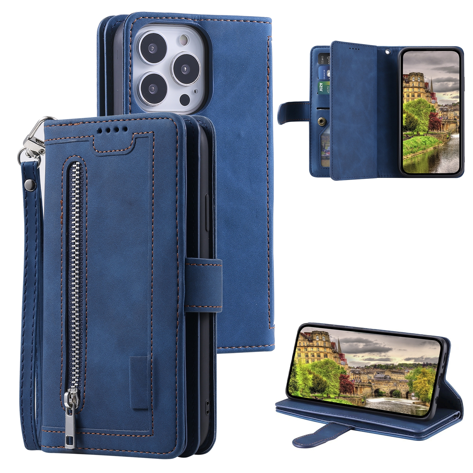 For iPhone 15 Pro Nine Card Zipper Bag Leather Phone Case with Lanyard(Blue) For iPhone 15 Pro Nine Card Zipper Bag Leather Phone Case with Lanyard(Blue)
