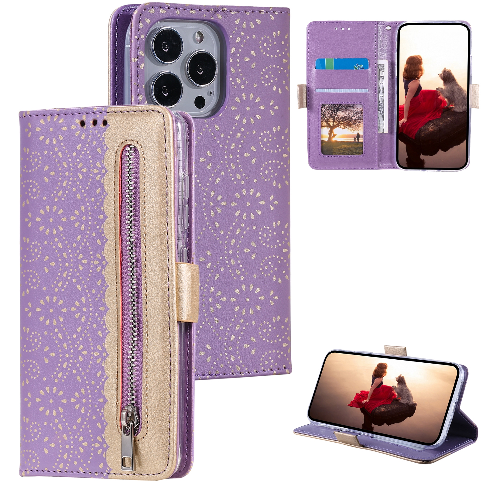 For iPhone 15 Pro Lace Pattern Double Button Zipper Leather Phone Case with Lanyard(Purple) For iPhone 15 Pro Lace Pattern Double Button Zipper Leather Phone Case with Lanyard(Purple)
