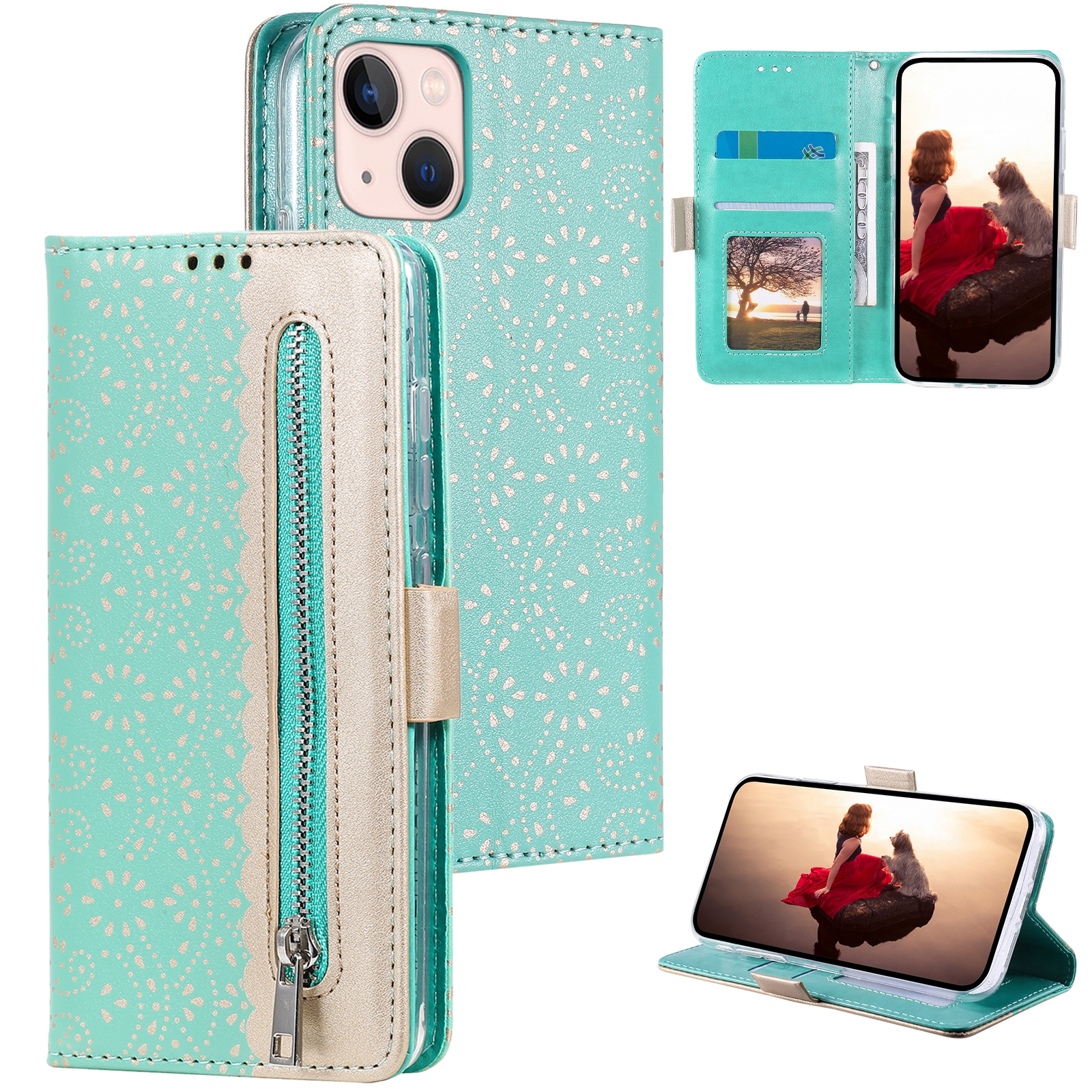 For iPhone 15 Plus Lace Pattern Double Button Zipper Leather Phone Case with Lanyard(Green) For iPhone 15 Plus Lace Pattern Double Button Zipper Leather Phone Case with Lanyard(Green)