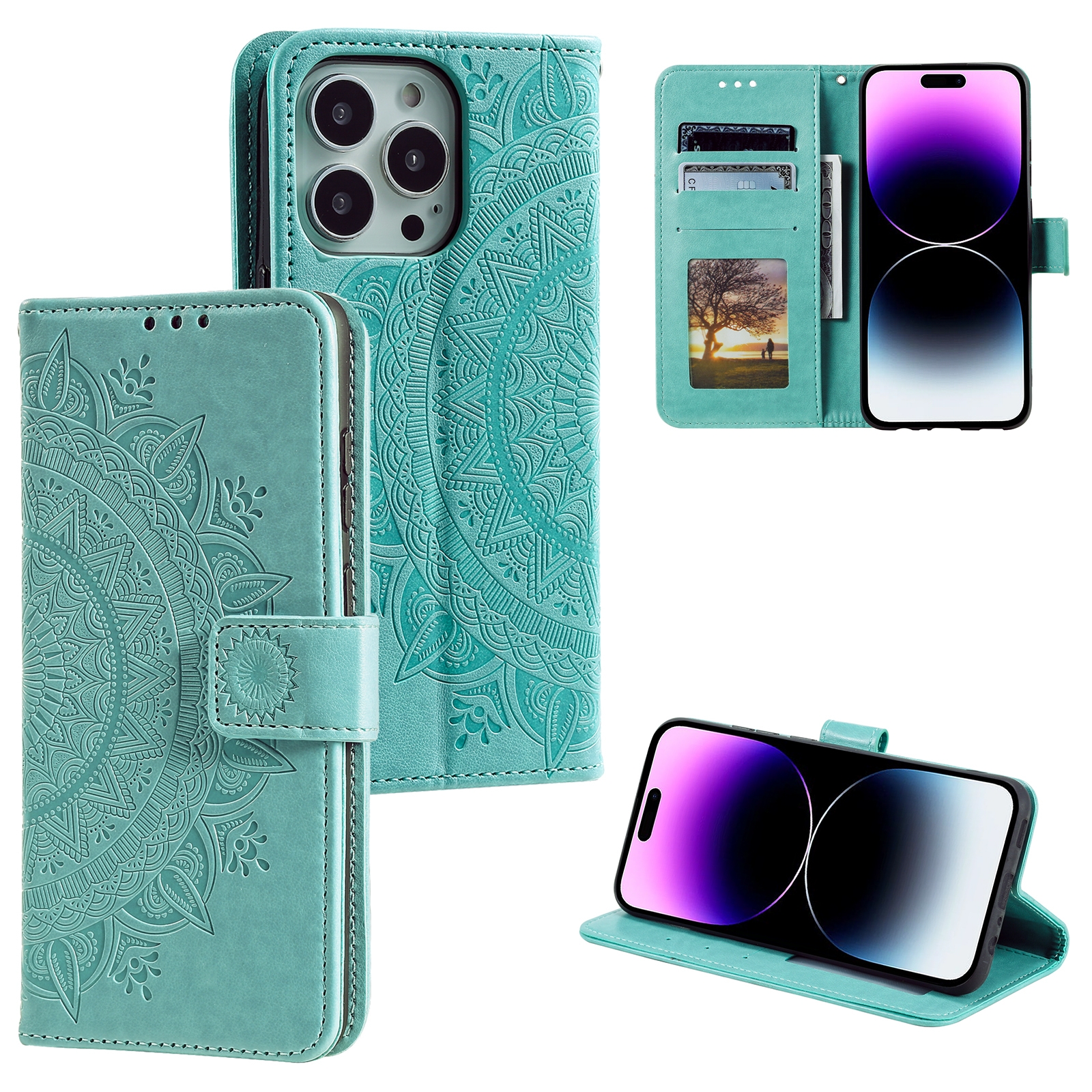 For iPhone 16 Pro Totem Flower Embossed Leather Phone Case(Green) For iPhone 16 Pro Totem Flower Embossed Leather Phone Case(Green)