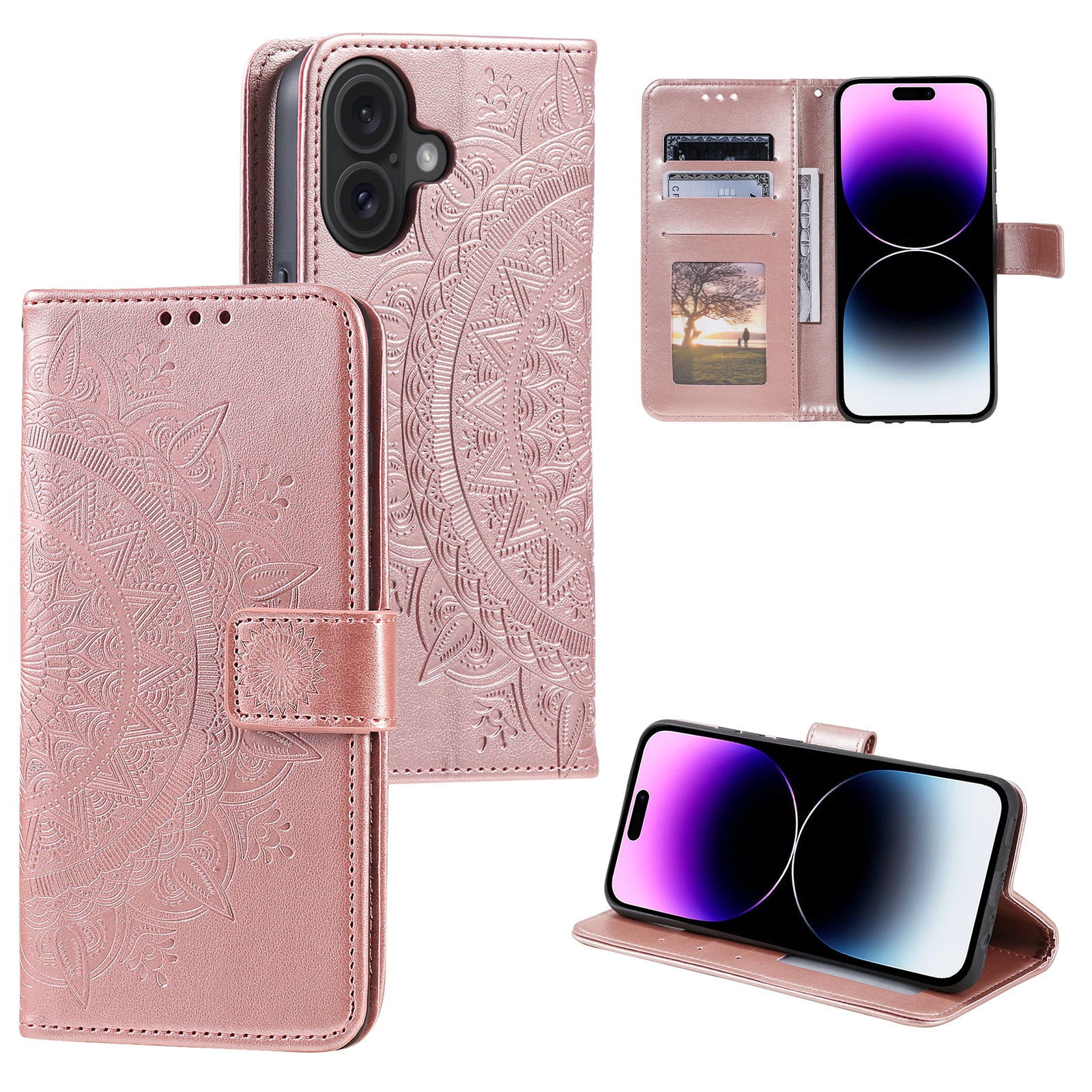 For iPhone 16 Totem Flower Embossed Leather Phone Case(Rose Gold) For iPhone 16 Totem Flower Embossed Leather Phone Case(Rose Gold)