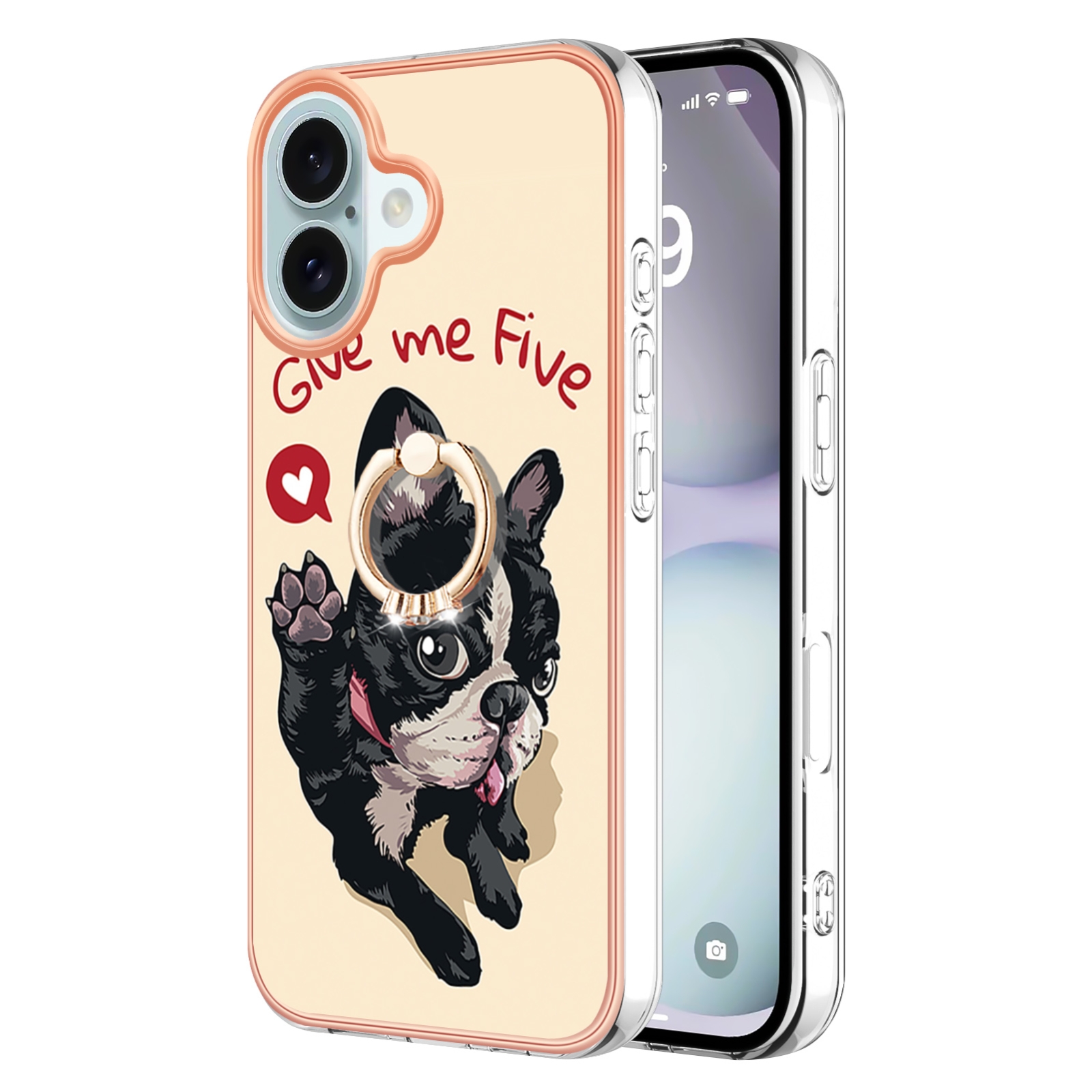 For iPhone 16 Plus Electroplating Dual-side IMD Phone Case with Ring Holder(Lucky Dog) For iPhone 16 Plus Electroplating Dual-side IMD Phone Case with Ring Holder(Lucky Dog)