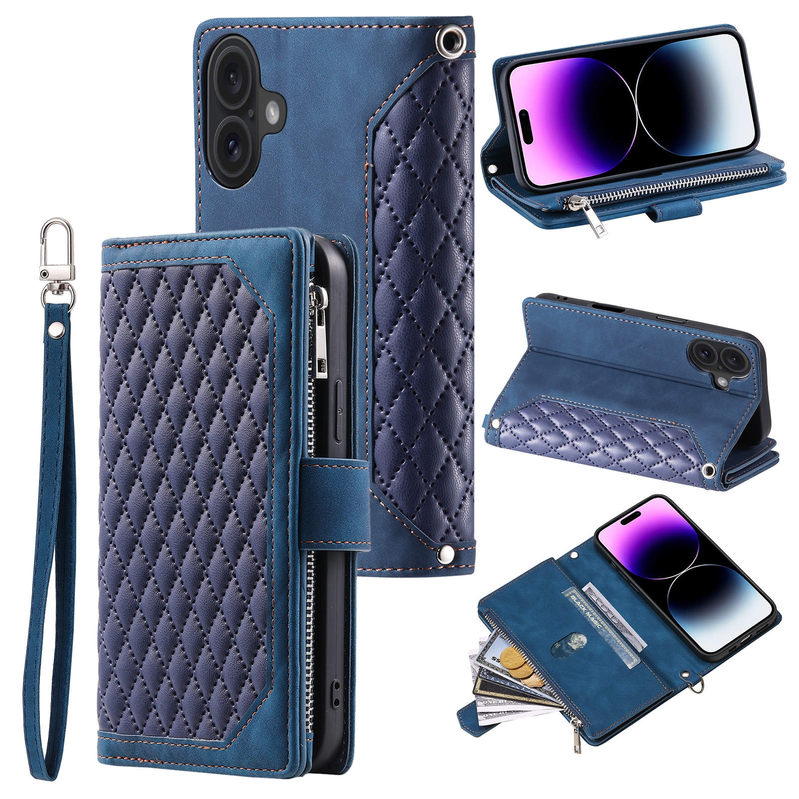 For iPhone 16 Grid Texture Zipper Leather Phone Case with Lanyard(Blue) For iPhone 16 Grid Texture Zipper Leather Phone Case with Lanyard(Blue)