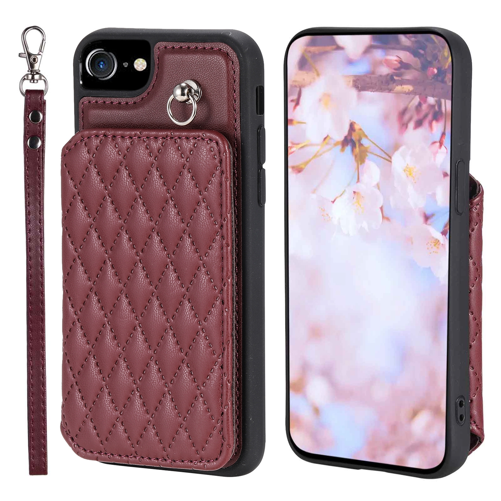For iPhone SE 2022 / 2020 / 8 / 7 Grid Texture Card Bag Phone Case with Lanyard(Red) For iPhone SE 2022 / 2020 / 8 / 7 Grid Texture Card Bag Phone Case with Lanyard(Red)