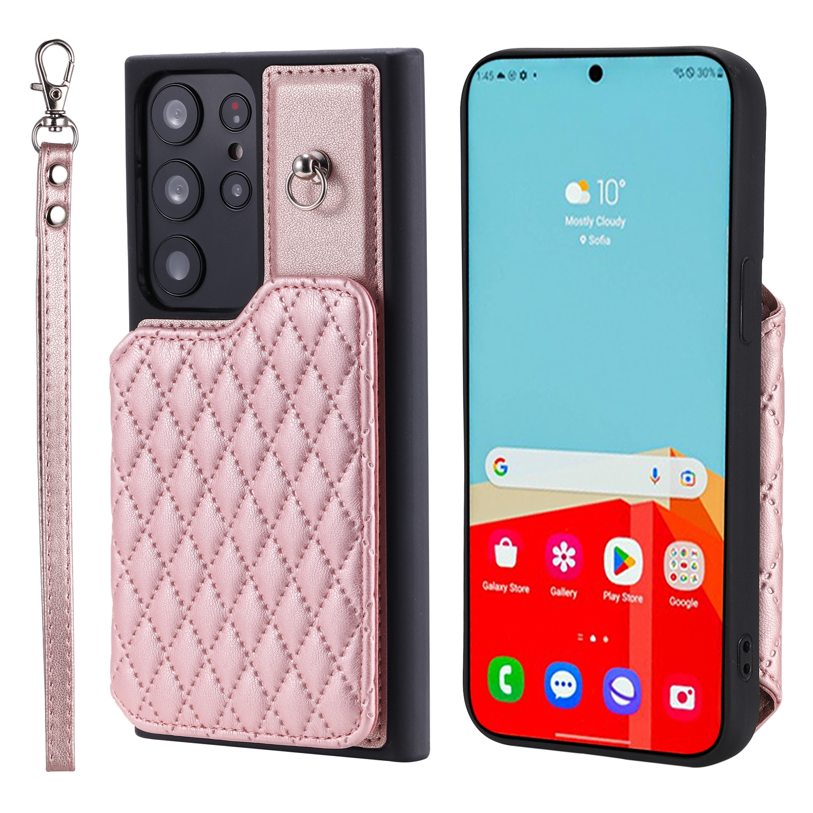 For Samsung Galaxy S23 Ultra 5G Grid Texture Card Bag Phone Case with Lanyard(Rose Gold) For Samsung Galaxy S23 Ultra 5G Grid Texture Card Bag Phone Case with Lanyard(Rose Gold)