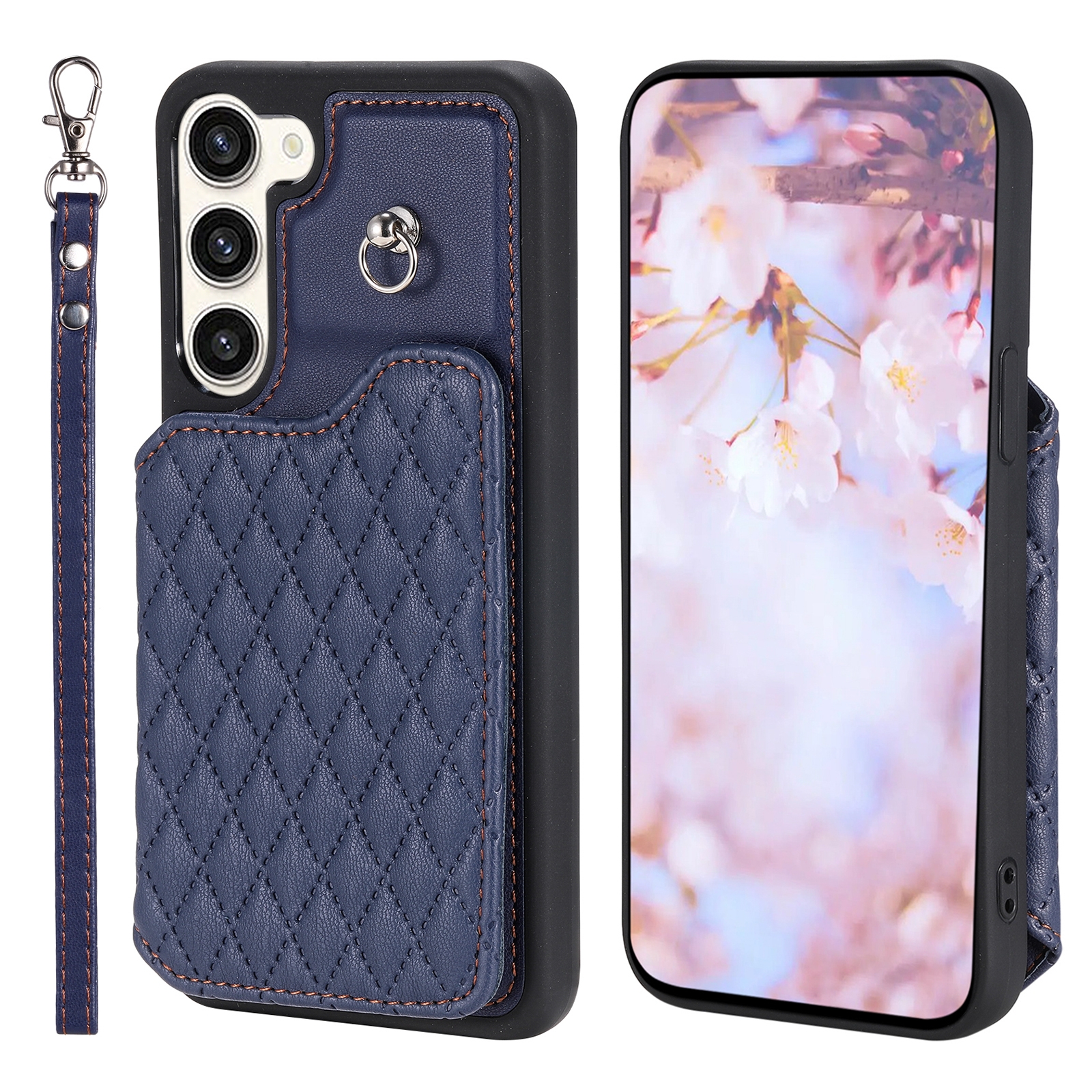 For Samsung Galaxy S23+ 5G Grid Texture Card Bag Phone Case with Lanyard(Blue) For Samsung Galaxy S23+ 5G Grid Texture Card Bag Phone Case with Lanyard(Blue)