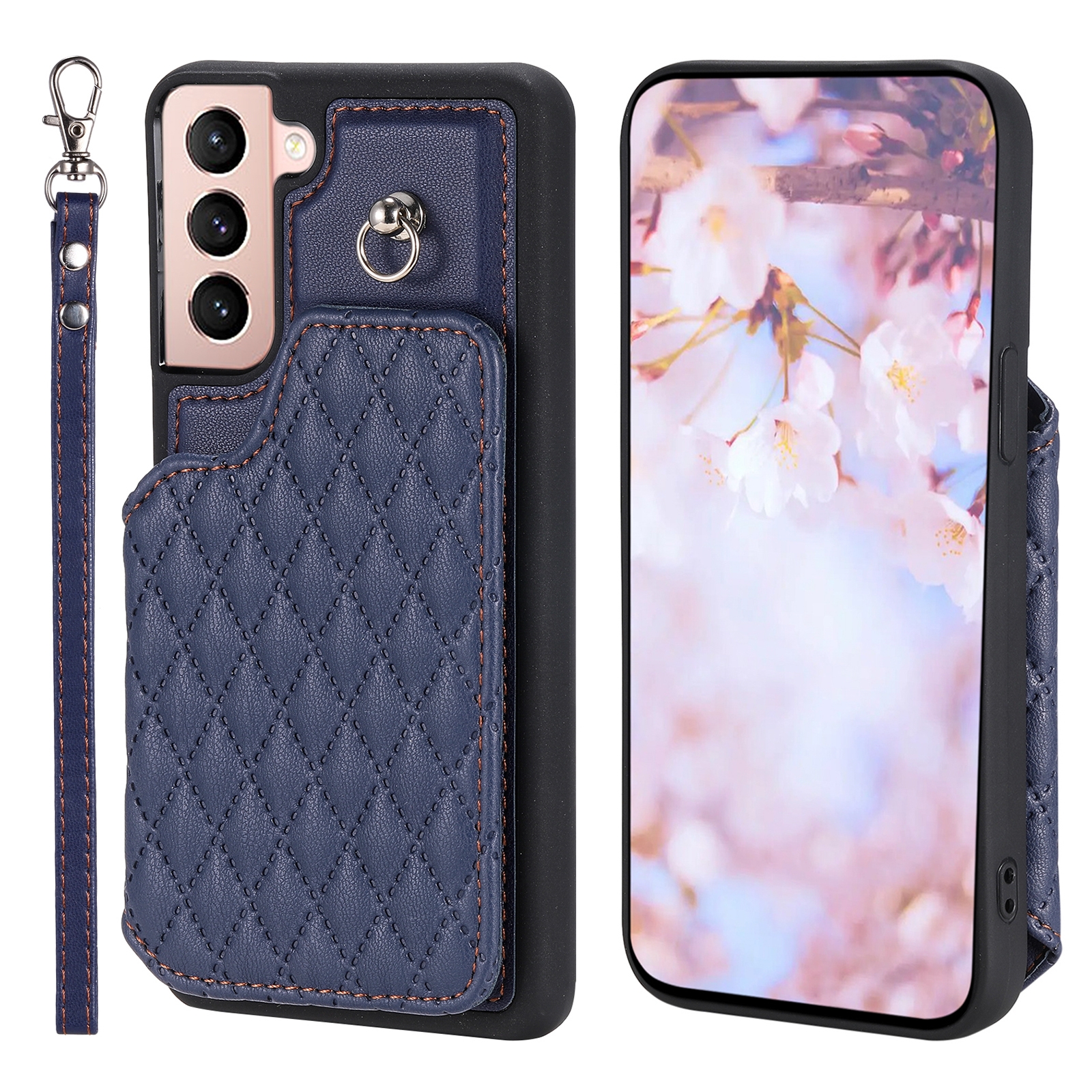 For Samsung Galaxy S22 5G Grid Texture Card Bag Phone Case with Lanyard(Blue) For Samsung Galaxy S22 5G Grid Texture Card Bag Phone Case with Lanyard(Blue)
