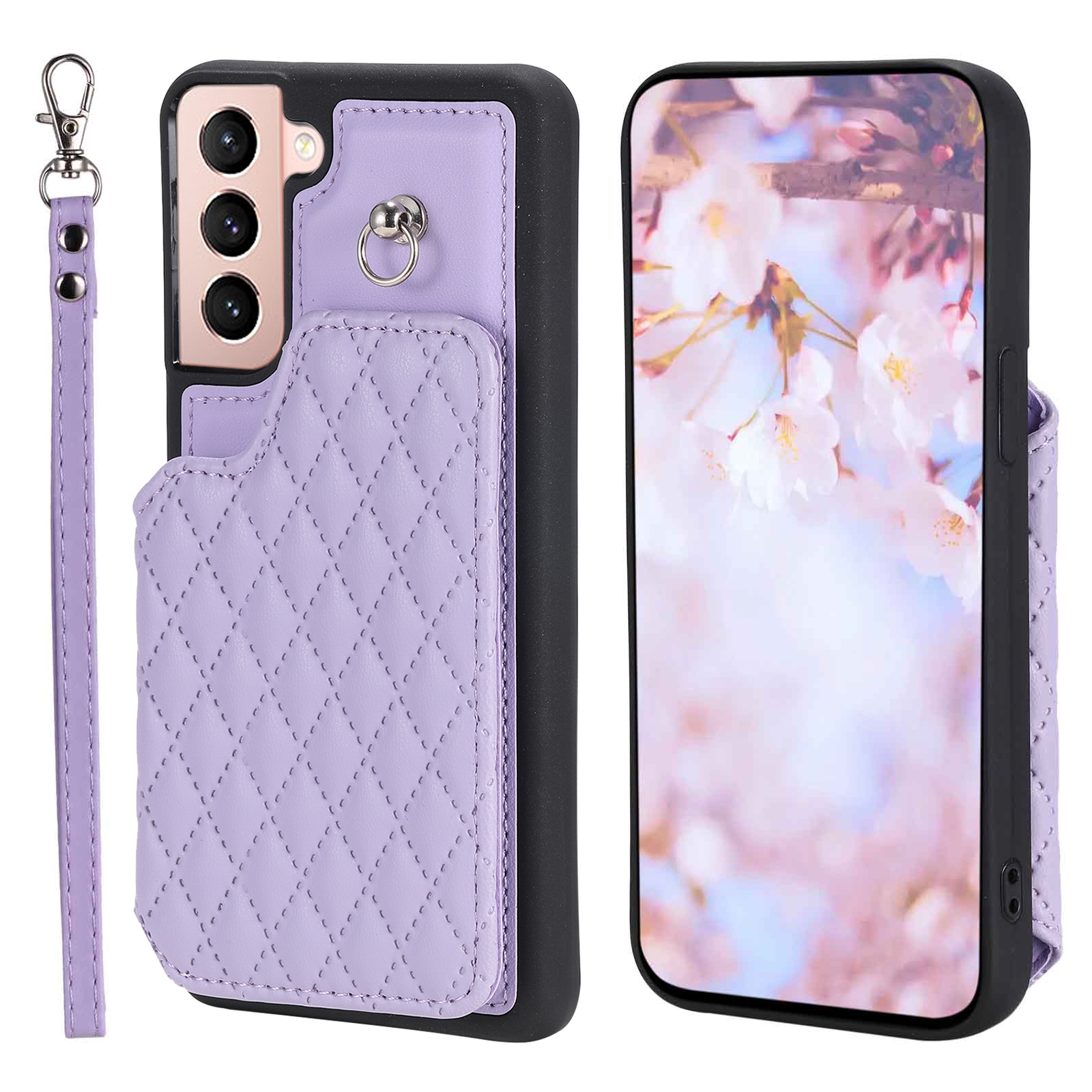 For Samsung Galaxy S21 5G Grid Texture Card Bag Phone Case with Lanyard(Purple) For Samsung Galaxy S21 5G Grid Texture Card Bag Phone Case with Lanyard(Purple)