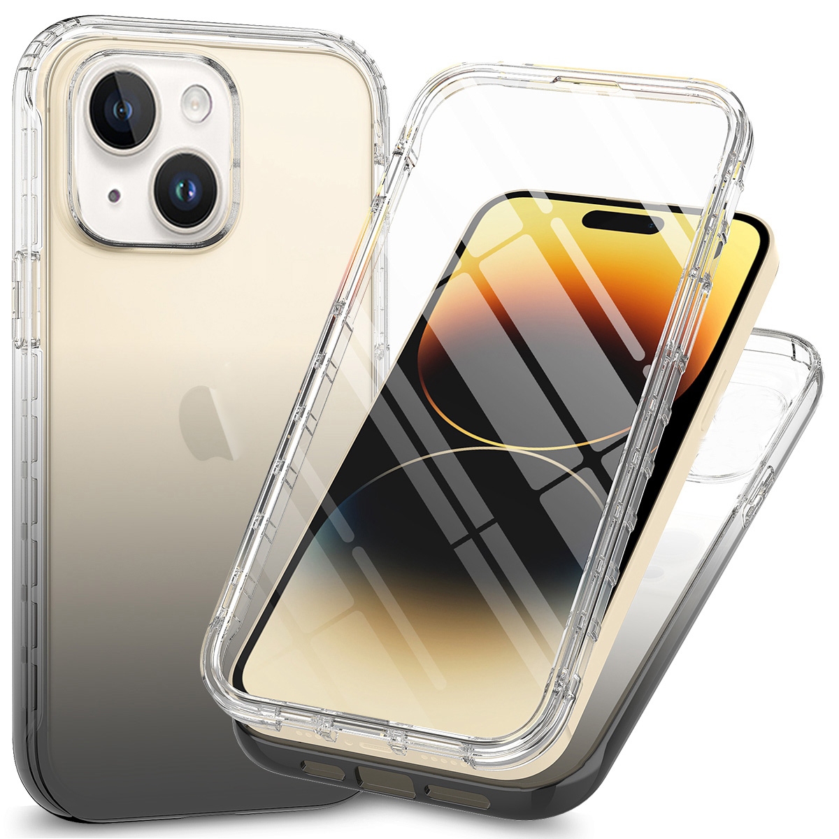 For iPhone 15 Plus Full Body Shockproof Clear Gradient Phone Case(Black)