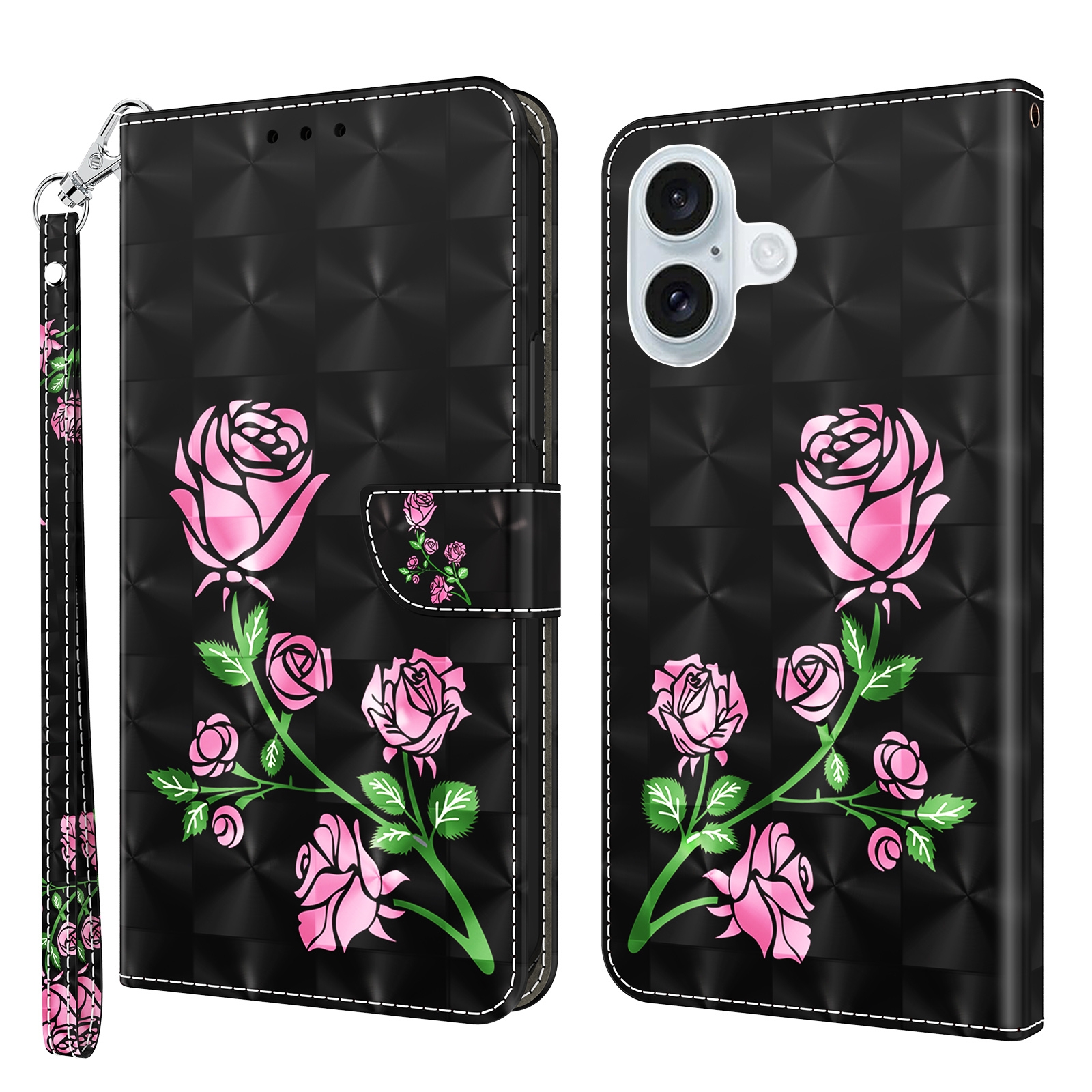 For iPhone 16 Plus 3D Painted Leather Phone Case(Rose) For iPhone 16 Plus 3D Painted Leather Phone Case(Rose)