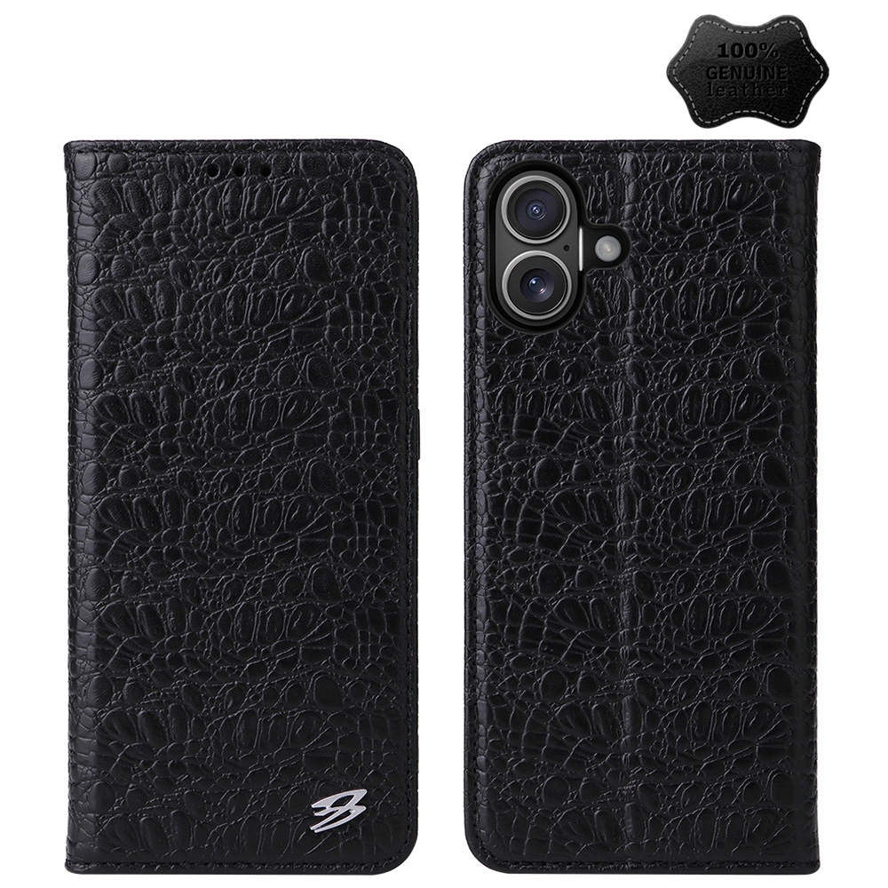 For iPhone 16 Plus Fierre Shann Crocodile Texture Magnetic Genuine Leather Phone Case(Black) For iPhone 16 Plus Fierre Shann Crocodile Texture Magnetic Genuine Leather Phone Case(Black)