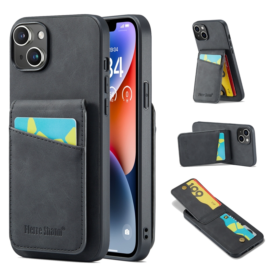 For iPhone 15 Fierre Shann Crazy Horse Card Holder Back Cover PU Phone Case(Black) For iPhone 15 Fierre Shann Crazy Horse Card Holder Back Cover PU Phone Case(Black)