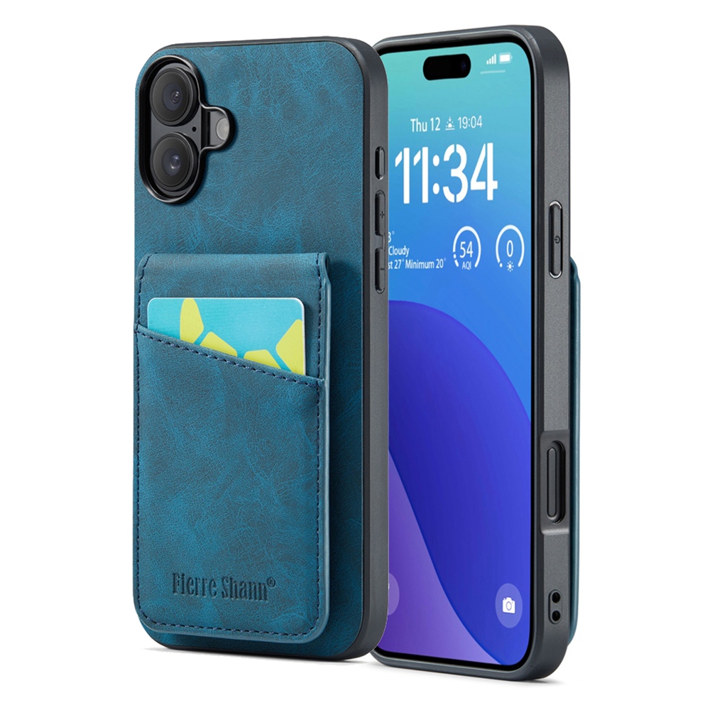 For iPhone 16 Plus Fierre Shann Crazy Horse Card Holder Back Cover PU Phone Case(Blue) For iPhone 16 Plus Fierre Shann Crazy Horse Card Holder Back Cover PU Phone Case(Blue)