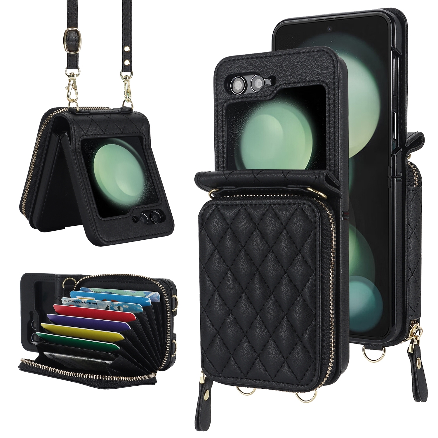 For Samsung Galaxy Z Flip6 Rhombic Texture Card Bag Phone Case with Dual Lanyard(Black) For Samsung Galaxy Z Flip6 Rhombic Texture Card Bag Phone Case with Dual Lanyard(Black)