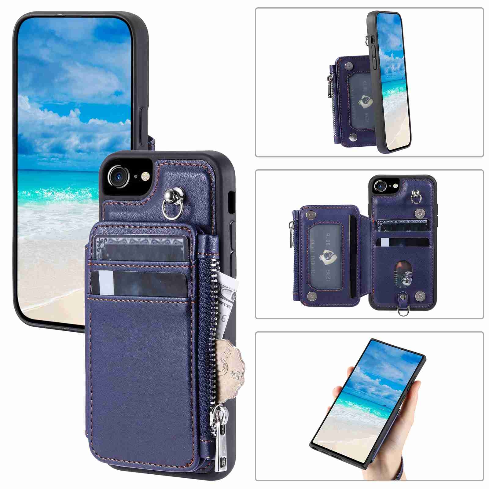 For iPhone SE 2022 / SE 2020 / 8 Zipper Card Slots RFID Phone Case(Blue) For iPhone SE 2022 / SE 2020 / 8 Zipper Card Slots RFID Phone Case(Blue)