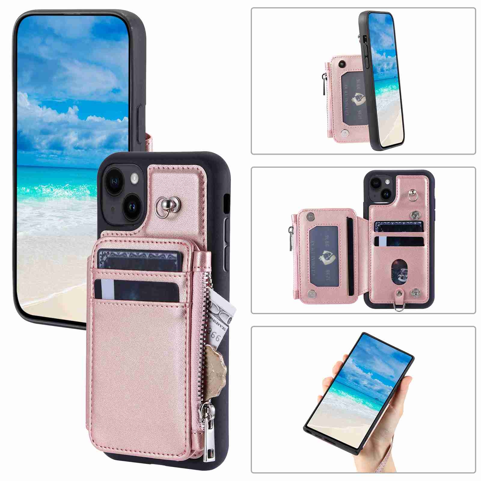 For iPhone 14 Zipper Card Slots RFID Phone Case(Rose Gold) For iPhone 14 Zipper Card Slots RFID Phone Case(Rose Gold)