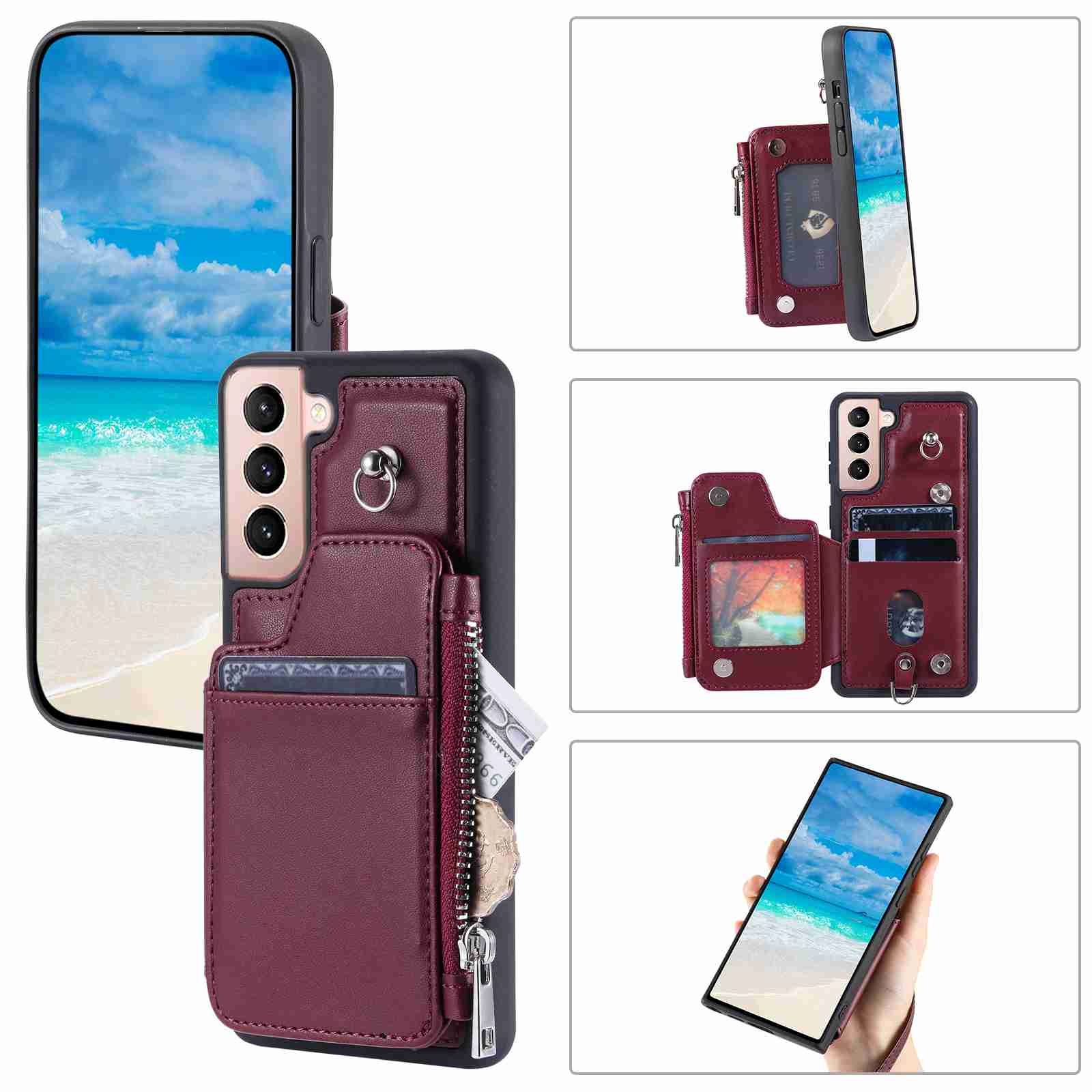 For Samsung Galaxy S22 5G Zipper Card Slots RFID Phone Case(Wine Red) For Samsung Galaxy S22 5G Zipper Card Slots RFID Phone Case(Wine Red)