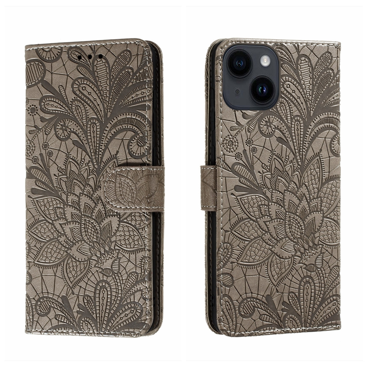 For iPhone 15 Plus Lace Flower Embossing Flip Leather Phone Case(Grey) For iPhone 15 Plus Lace Flower Embossing Flip Leather Phone Case(Grey)