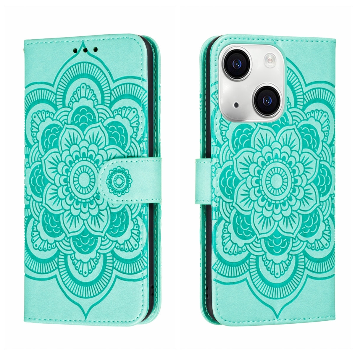 For iPhone 15 Sun Mandala Embossing Leather Phone Case(Green) For iPhone 15 Sun Mandala Embossing Leather Phone Case(Green)