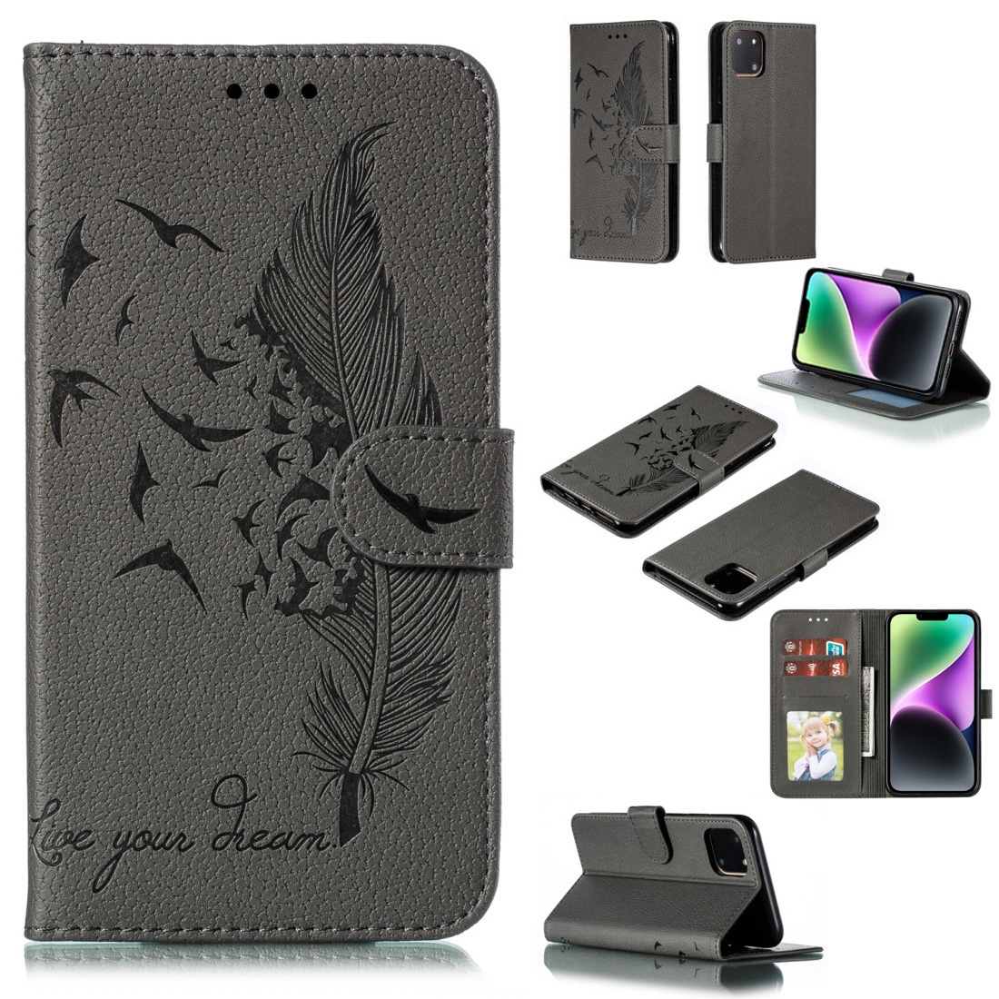 For iPhone 15 Feather Pattern Litchi Texture Leather Phone Case(Gray) For iPhone 15 Feather Pattern Litchi Texture Leather Phone Case(Gray)