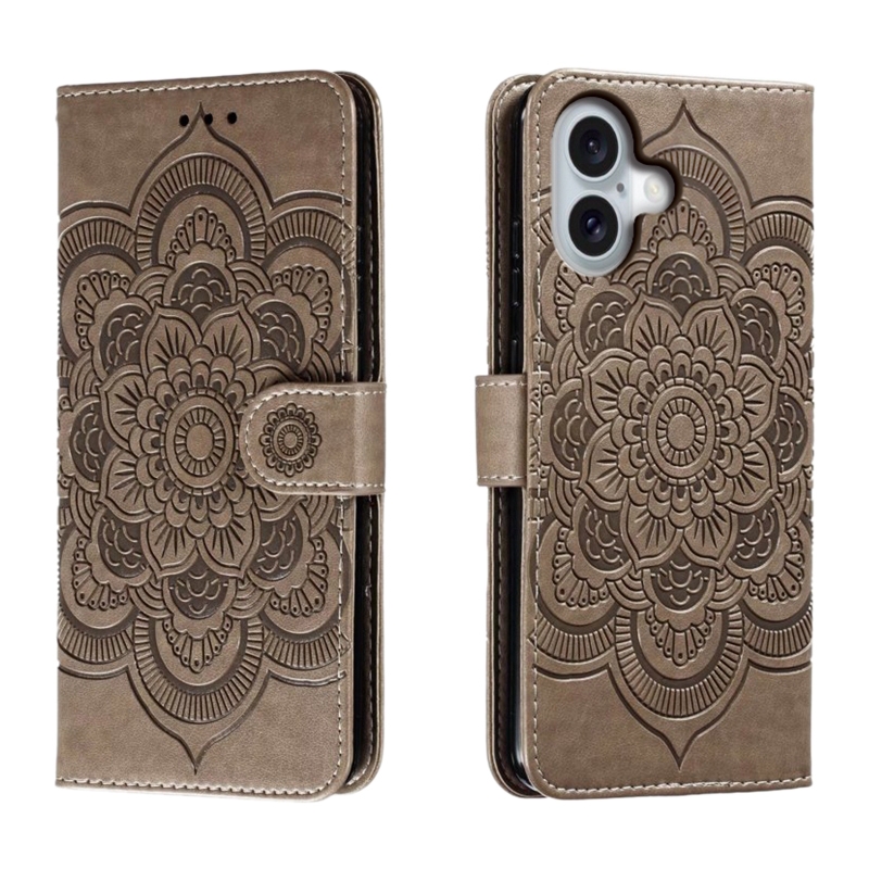 For iPhone 16 Mandala Embossing Pattern Horizontal Flip Leather Phone Case(Gray) For iPhone 16 Mandala Embossing Pattern Horizontal Flip Leather Phone Case(Gray)