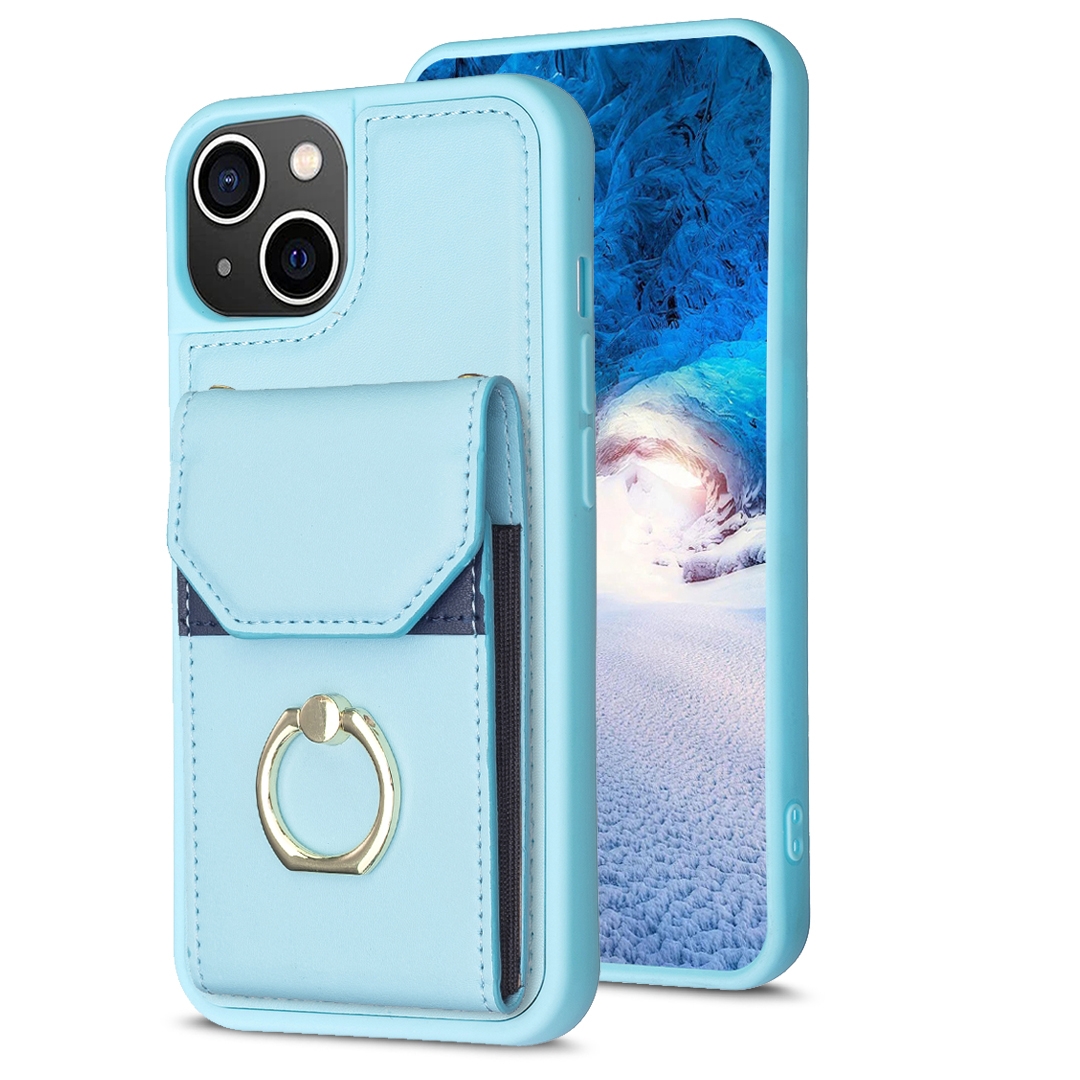For iPhone 14 / 13 BF29 Organ Card Bag Ring Holder Phone Case(Blue) For iPhone 14 / 13 BF29 Organ Card Bag Ring Holder Phone Case(Blue)